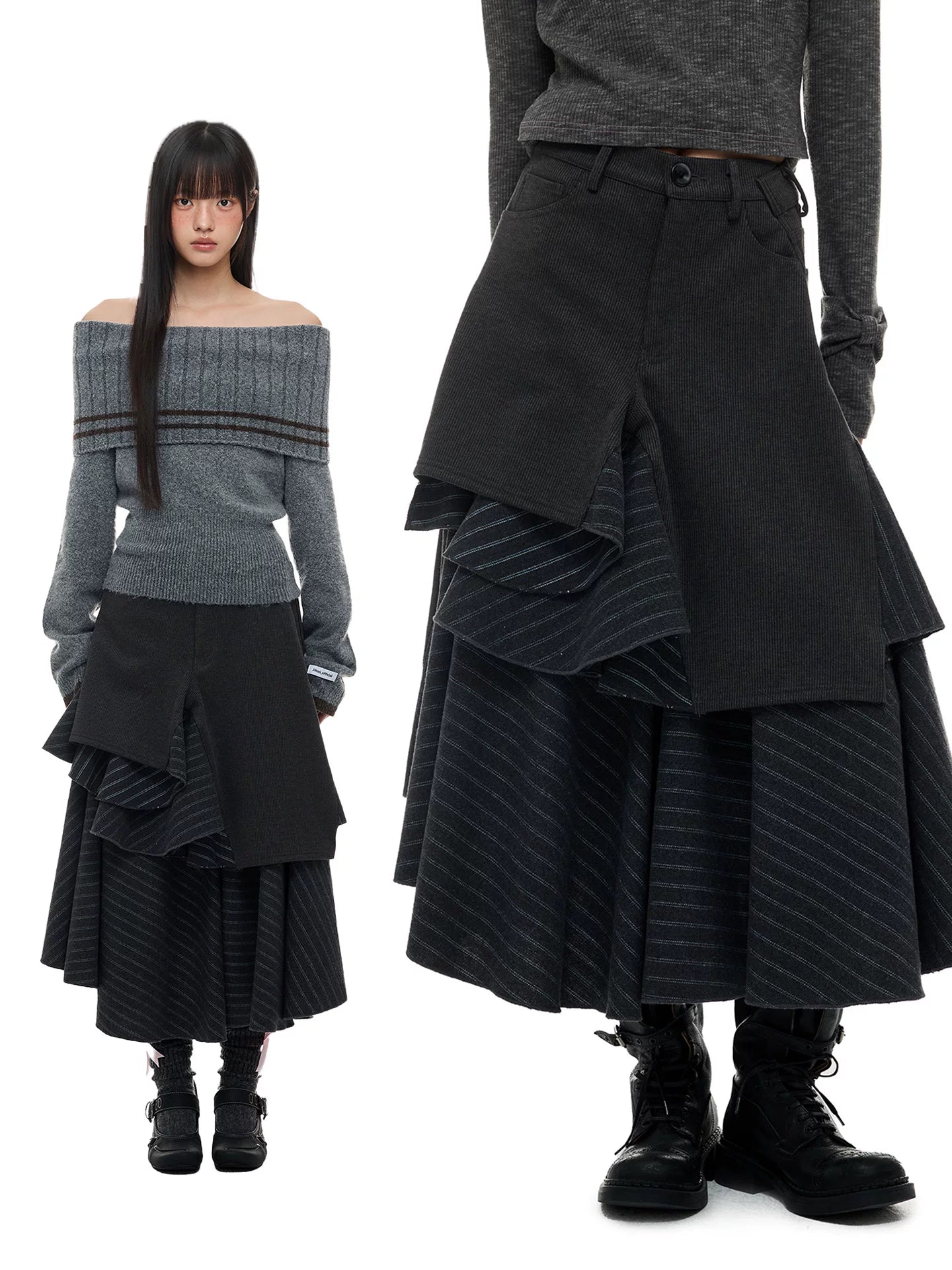 JIKOO Asymmetrical Splicing Striped A-shaped Skirt