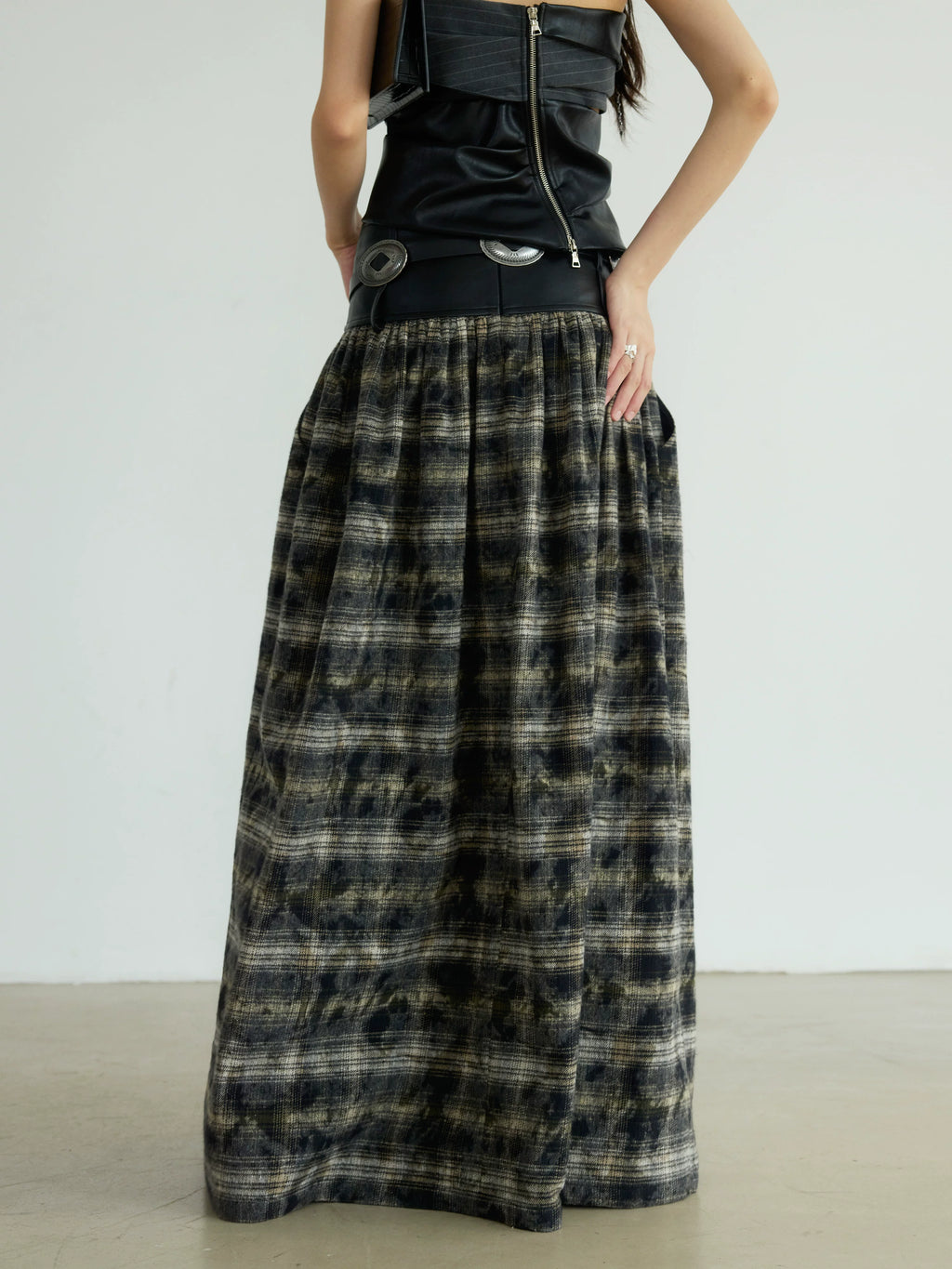 JNYLON Retro Plaid Super Long Skirt