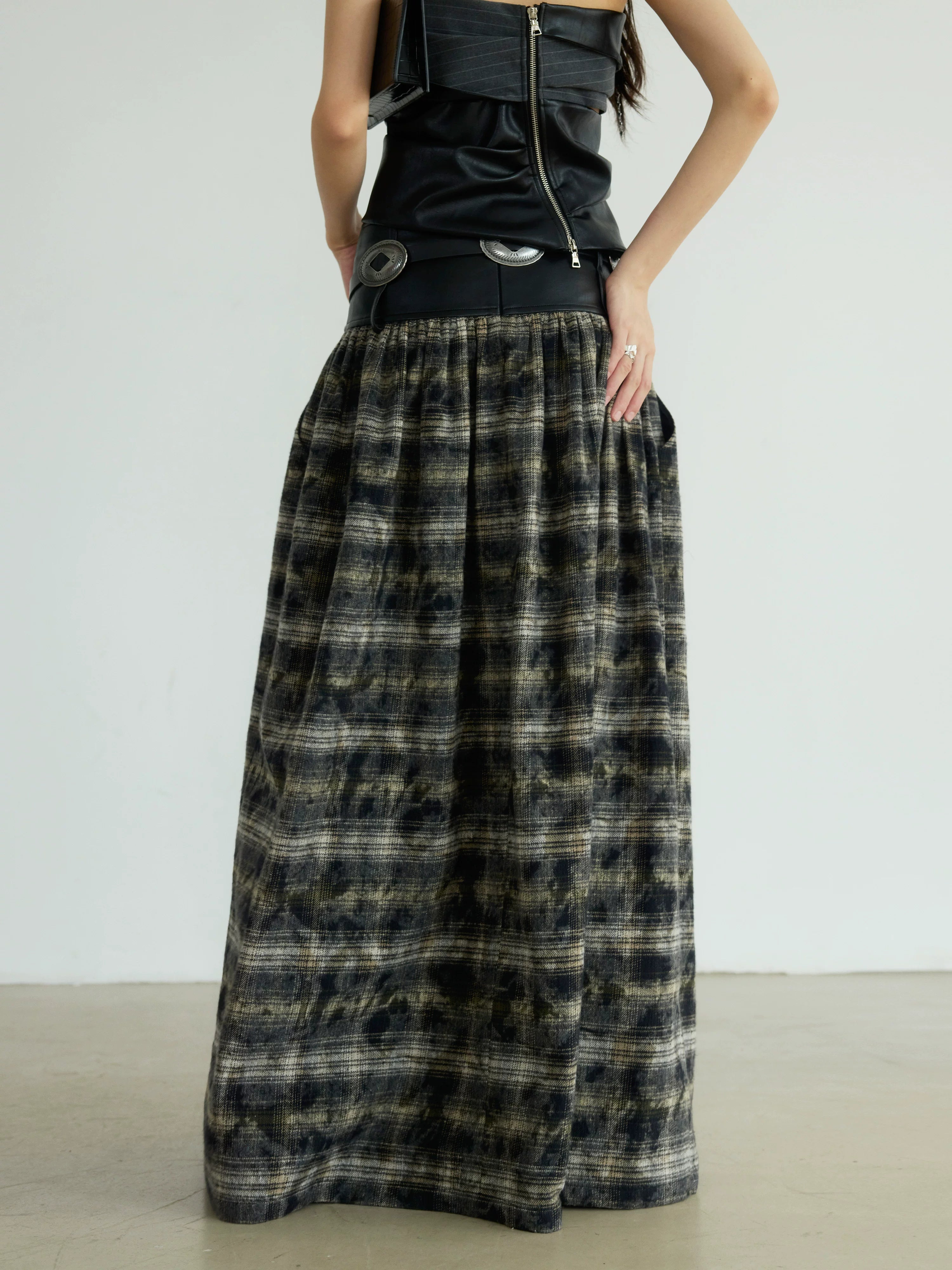 JNYLON Retro Plaid Super Long Skirt