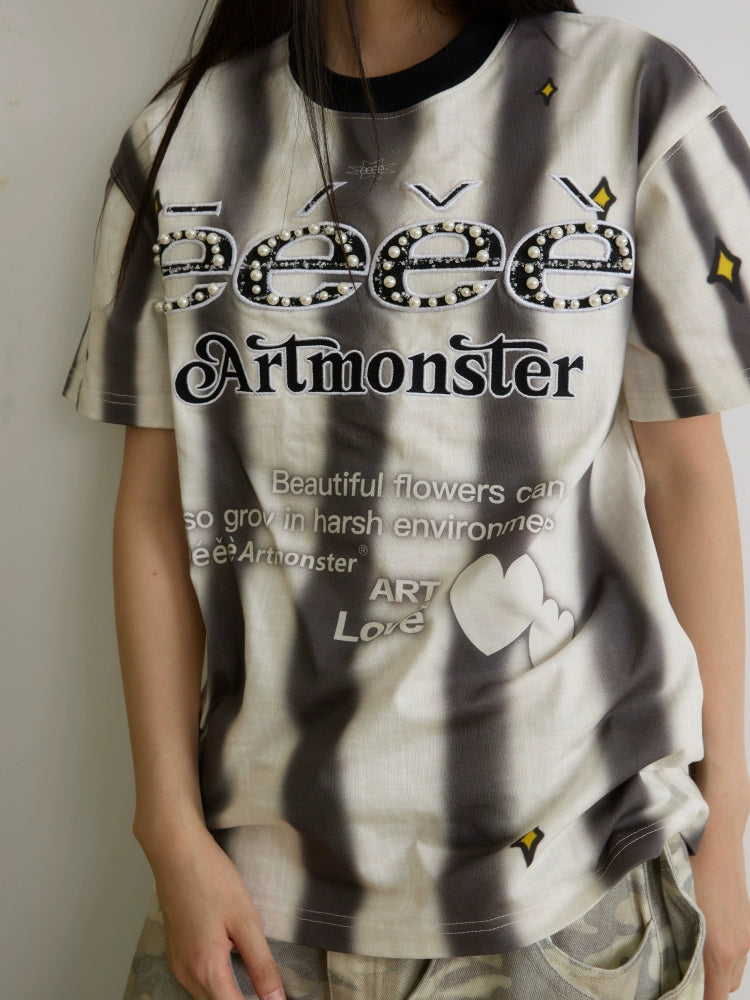EeeeArtmonster Striped Contrasting Sports Jersey Embroidery Tee
