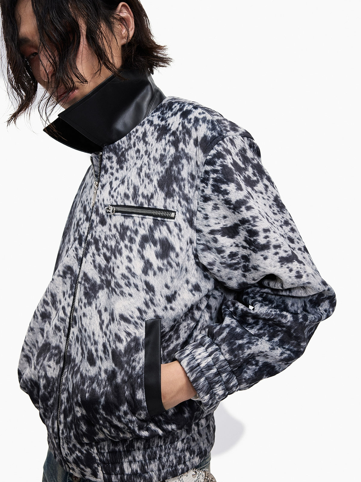 Lightinus Leopard Short Spliced Leather Lapel Jacket