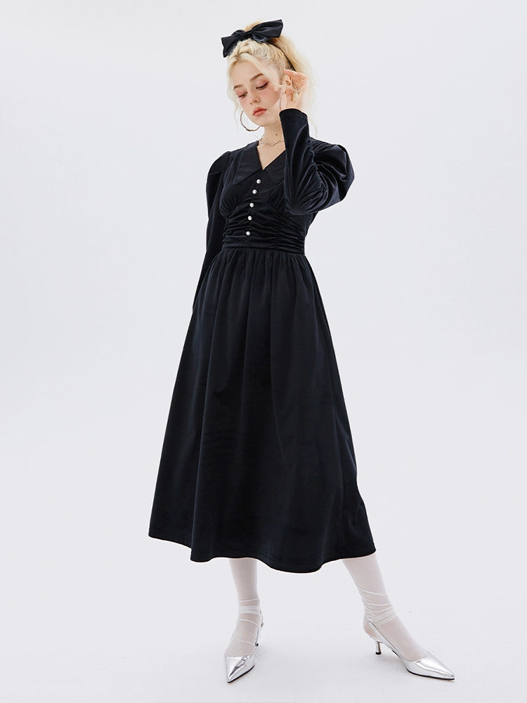 IMONE Vintage Velvet V-Neck Waist Long Sleeve Dress