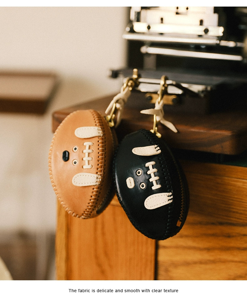 HALF WORK first layer cowhide key bag, genuine leather retro handmade football bag, earphone bag, key bag.