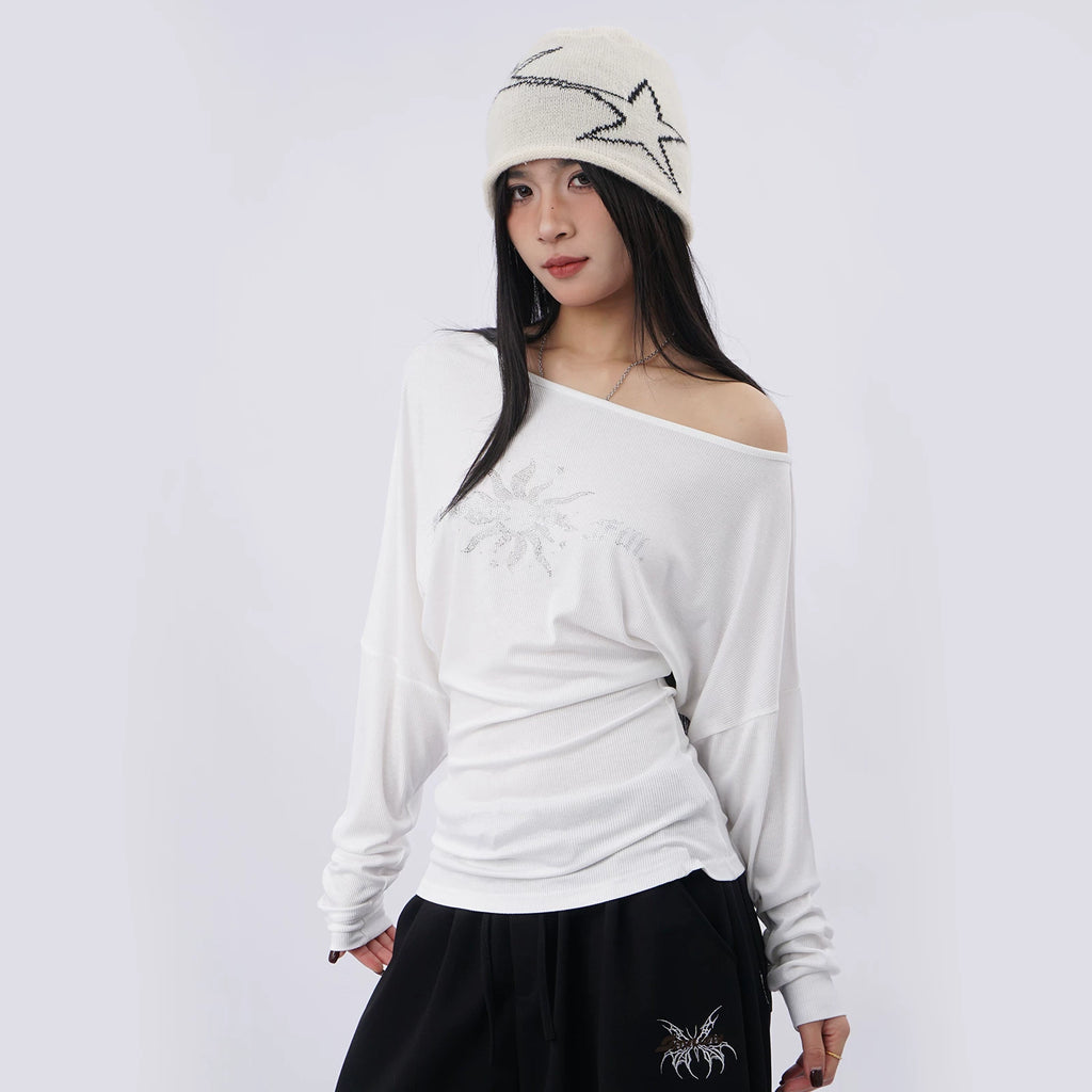 SAMUSAN Letter Hot Diamond Slash Shoulder Long Sleeve