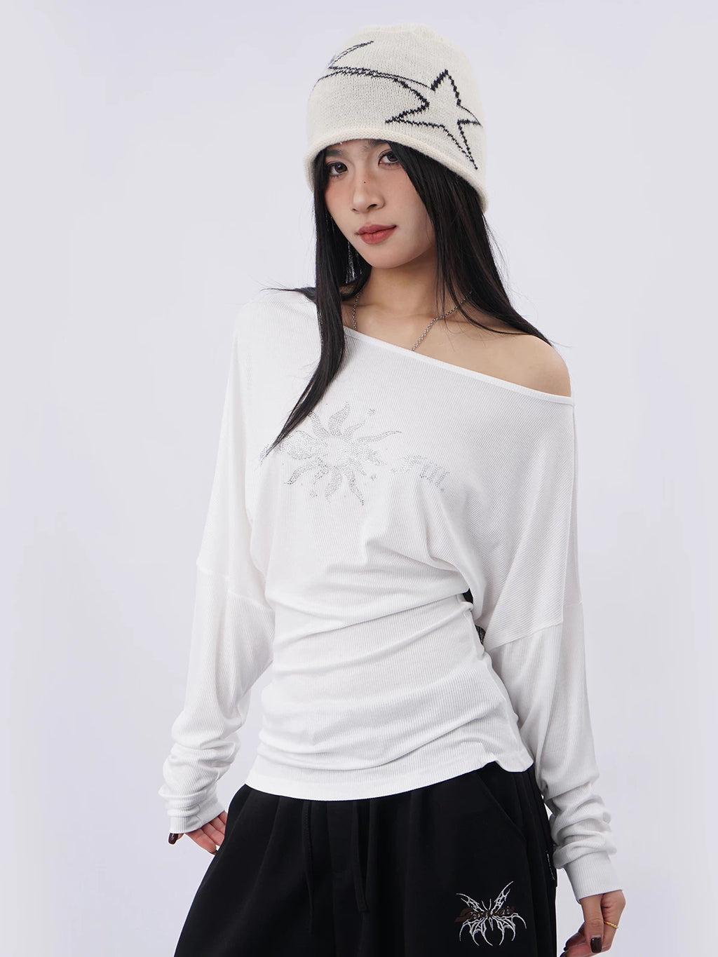 SAMUSAN Letter Hot Diamond Slash Shoulder Long Sleeve