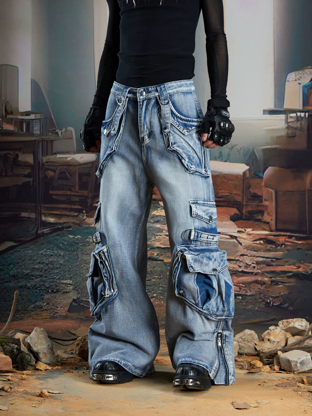 NOMANIAI Heavy Industry Three-dimensional Multi-pocket Deconstruction Splicing Jeans