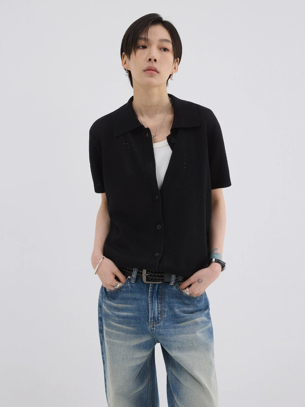 Sameuoo Skeleton Knitted Casual Polo Shirt