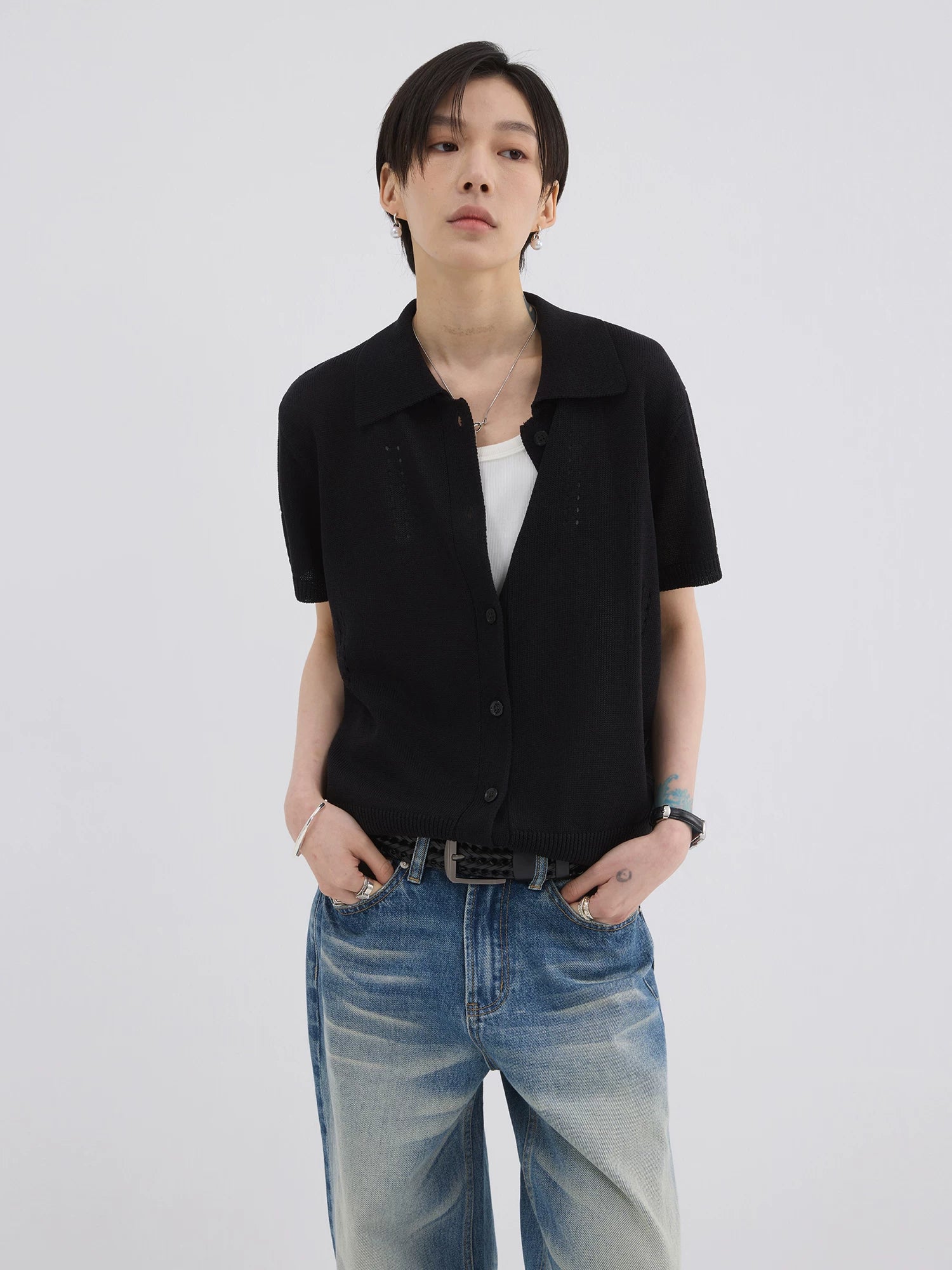Sameuoo Skeleton Knitted Casual Polo Shirt