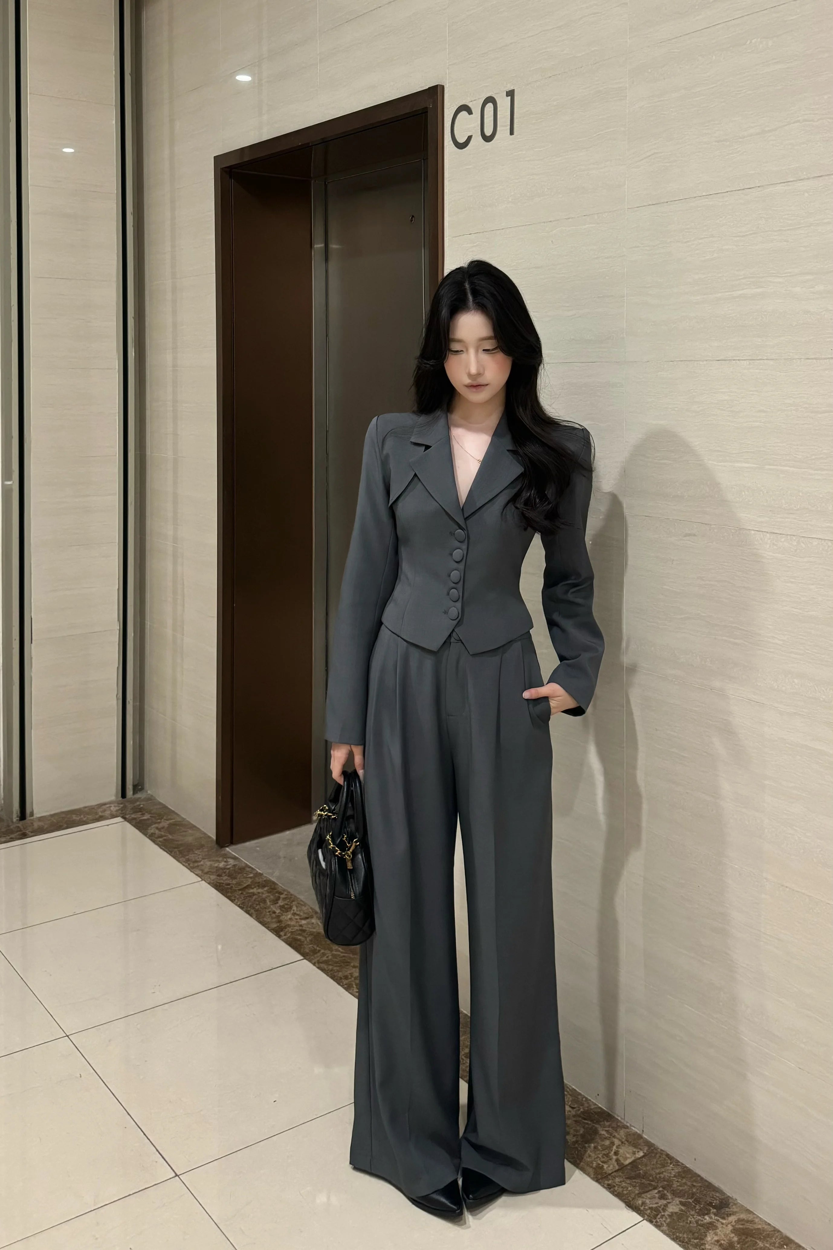 PANPANSTUDIO Workplace Commuter Wide Leg Pants Neck Suit Set