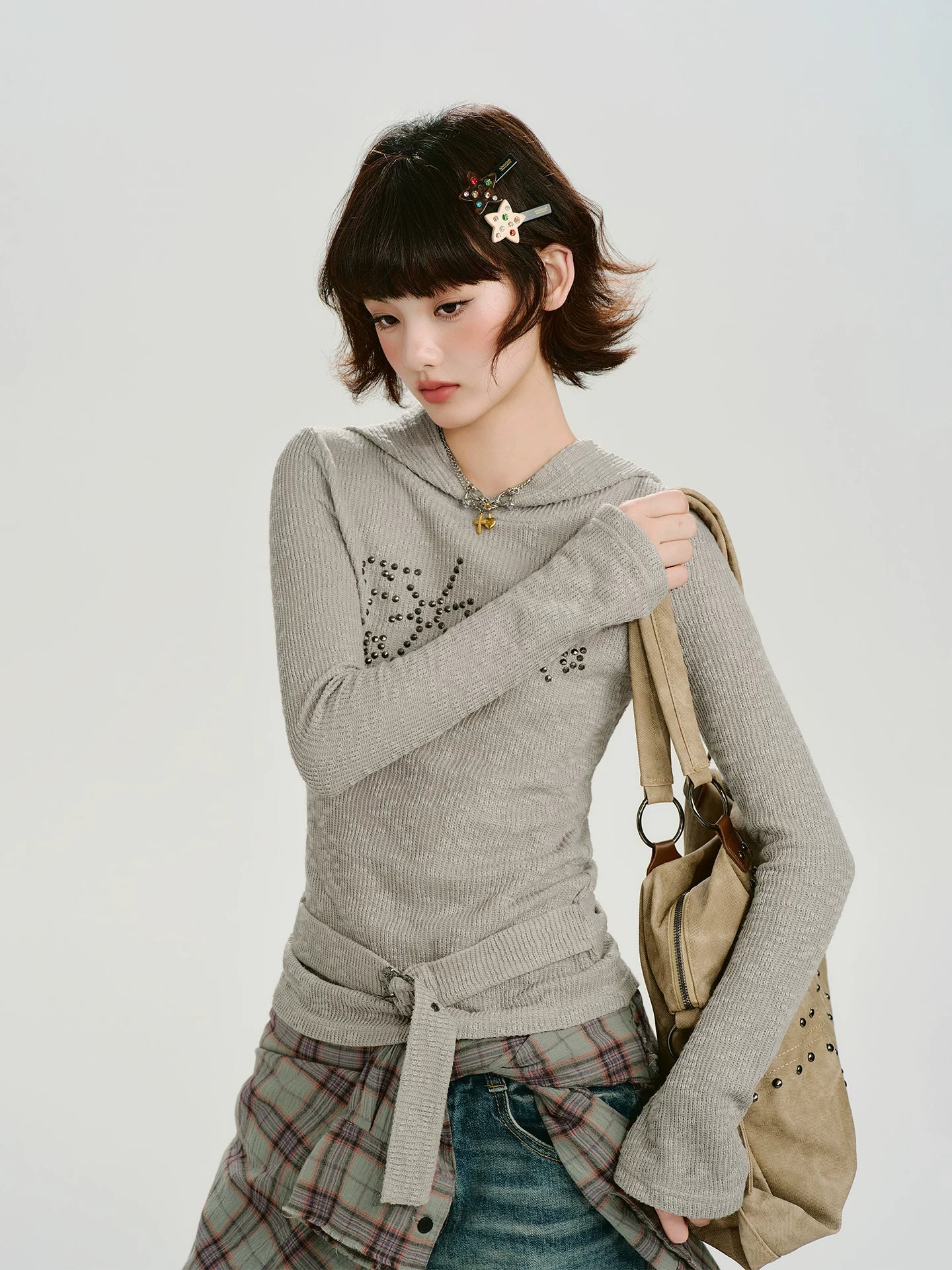 Girlyhalo Vintage Hot Diamond Strap-Up Hooded Knitted Long Sleeve