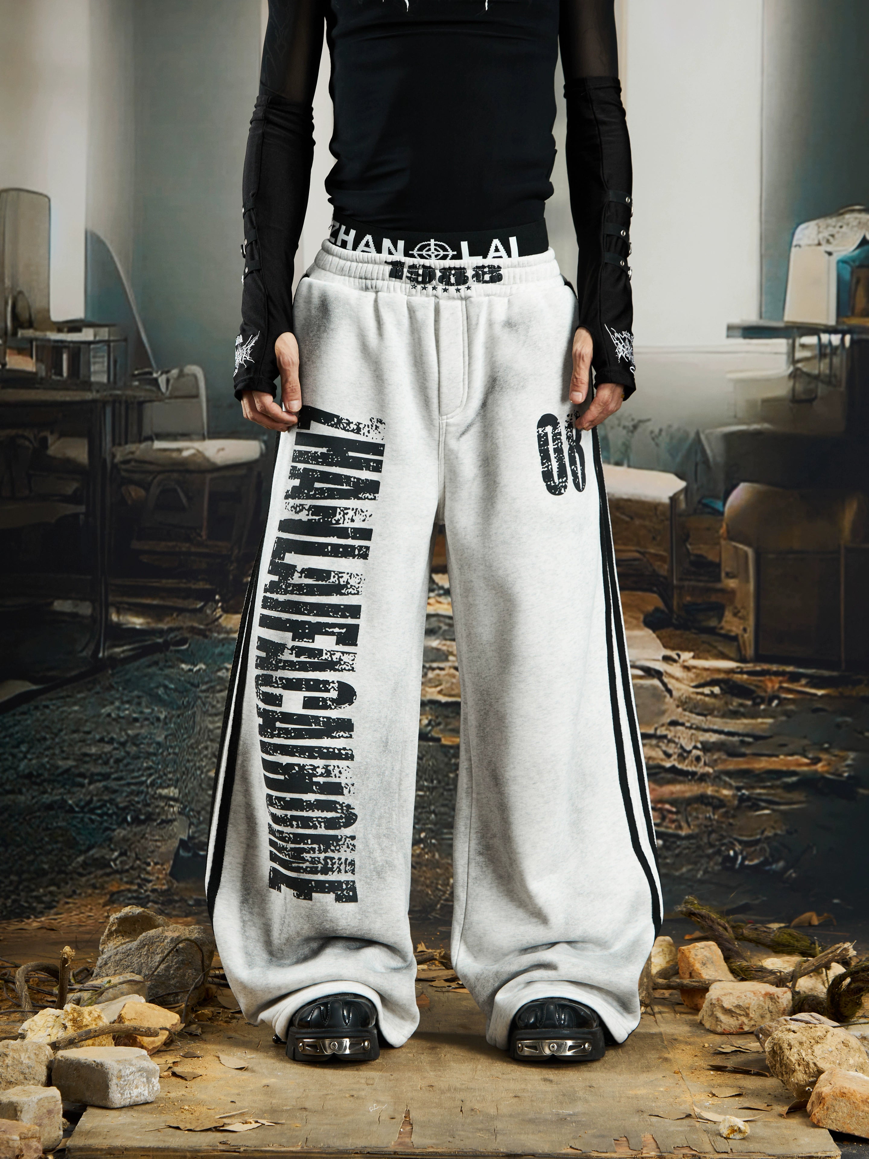 NOMANIAI Dirty Dyed Mottled Print Loose Striped Sweatpants