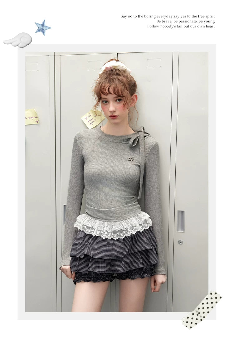 UNIFREE Bow Strap Simple Versatile Lace Edge Long Sleeve