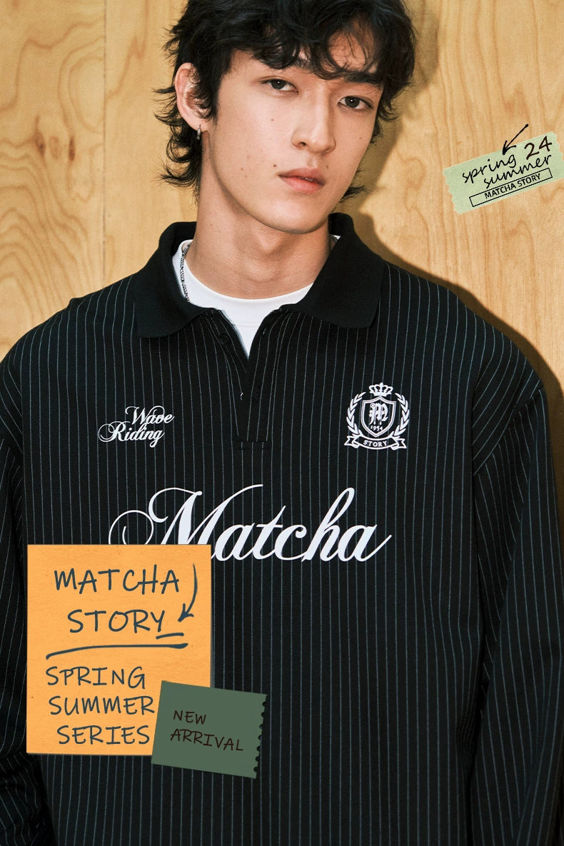MATCHA STORY Vertical Striped Jacquard Lapel Sweater