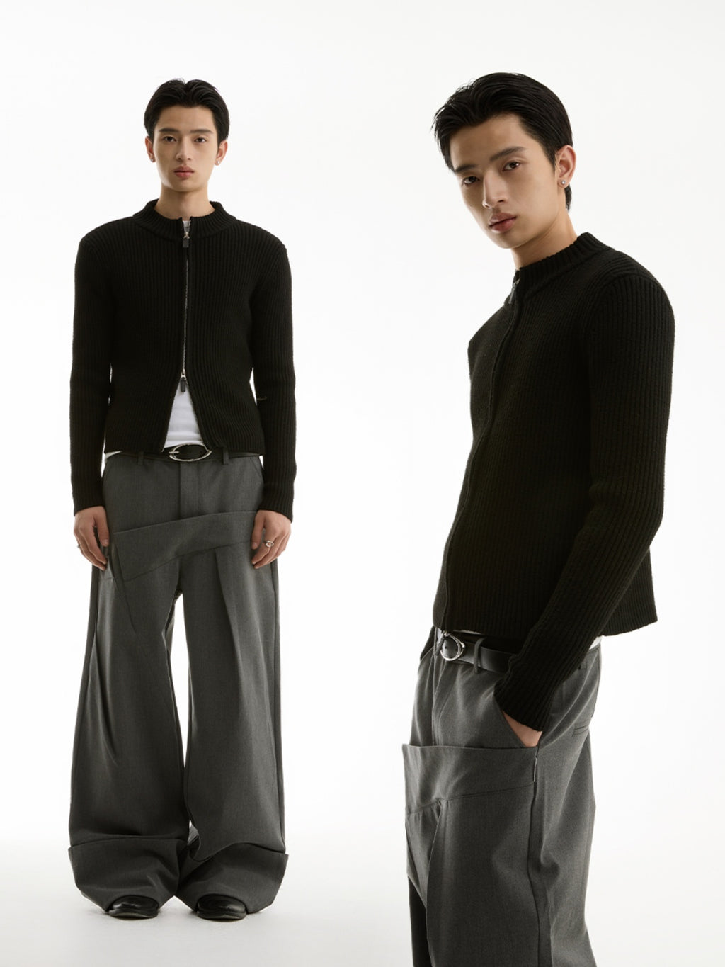 FUNKYFUN Pit Strip Texture Stand-up Collar Slim-fit Knitted Jacket