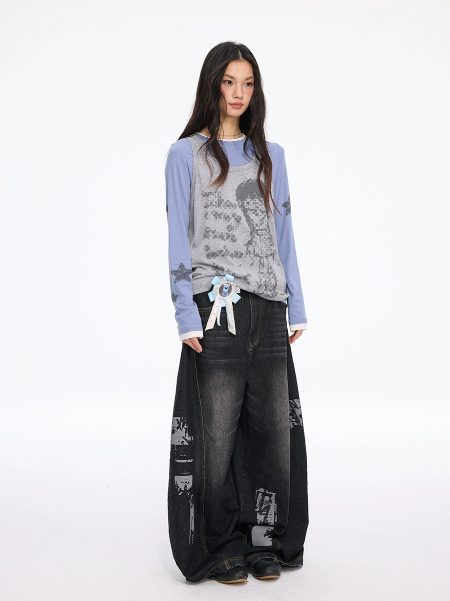 MOMSAYCAN Star Print Stacked Long-sleeved Vest Two-piece Set