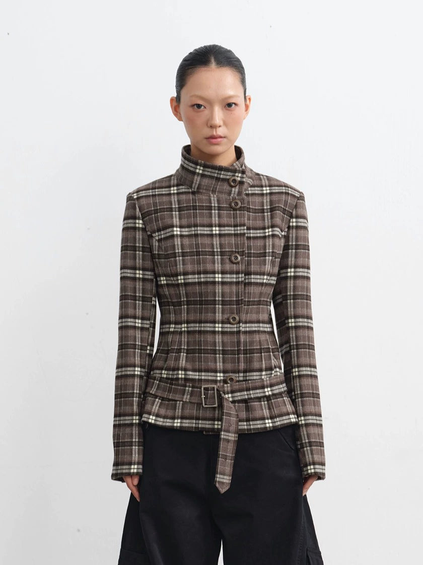 LINY LIBERTY Vintage Plaid Stand-up Jacket
