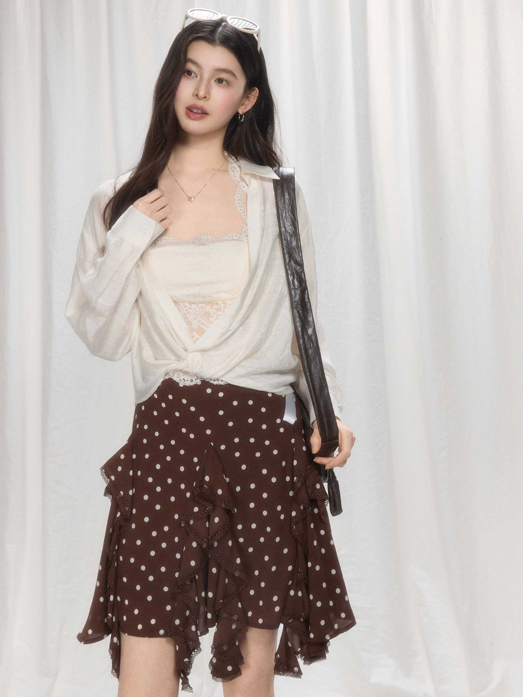 TYANG Retro Polka Dot Irregular Suspender Skirt