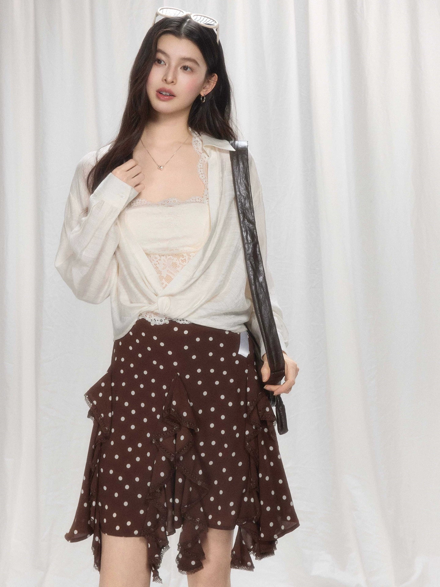 TYANG Retro Polka Dot Irregular Suspender Skirt
