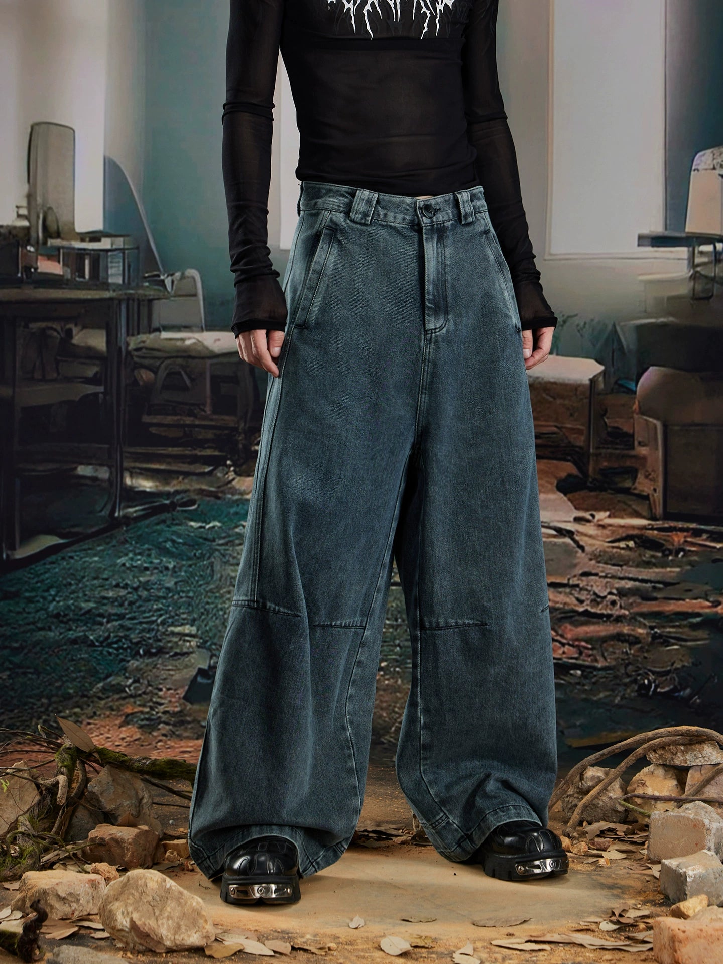 NOMANIAI Make Old Dirty Dyed Wide-leg Scimitar Jeans