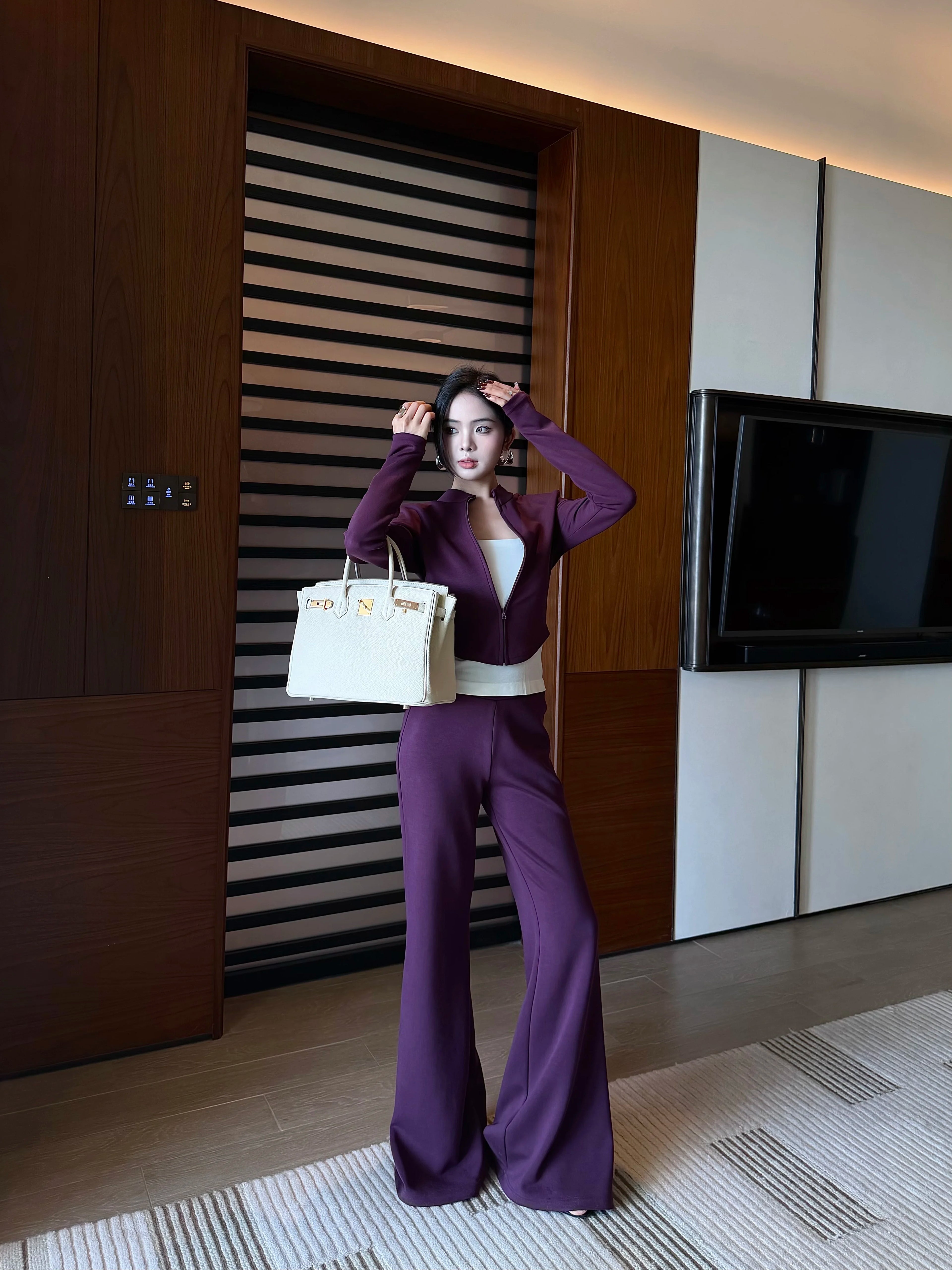 CHUYUQI Casual Short Zipper Top Flared Pants Two-piece Set