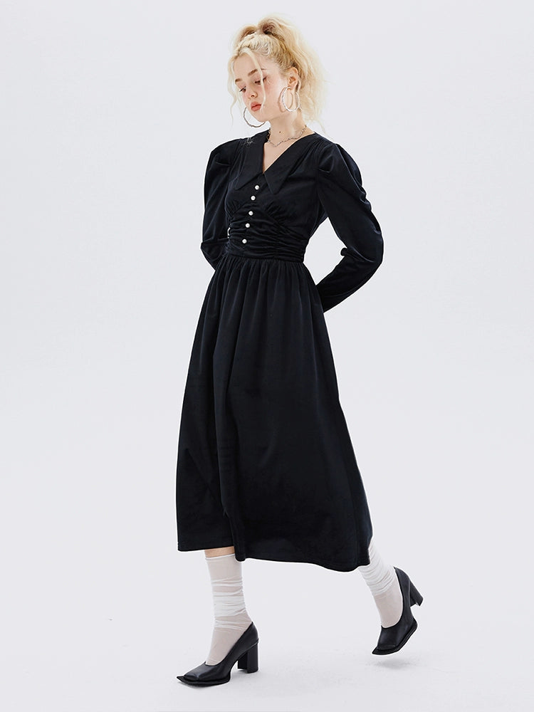 IMONE Vintage Velvet V-Neck Waist Long Sleeve Dress