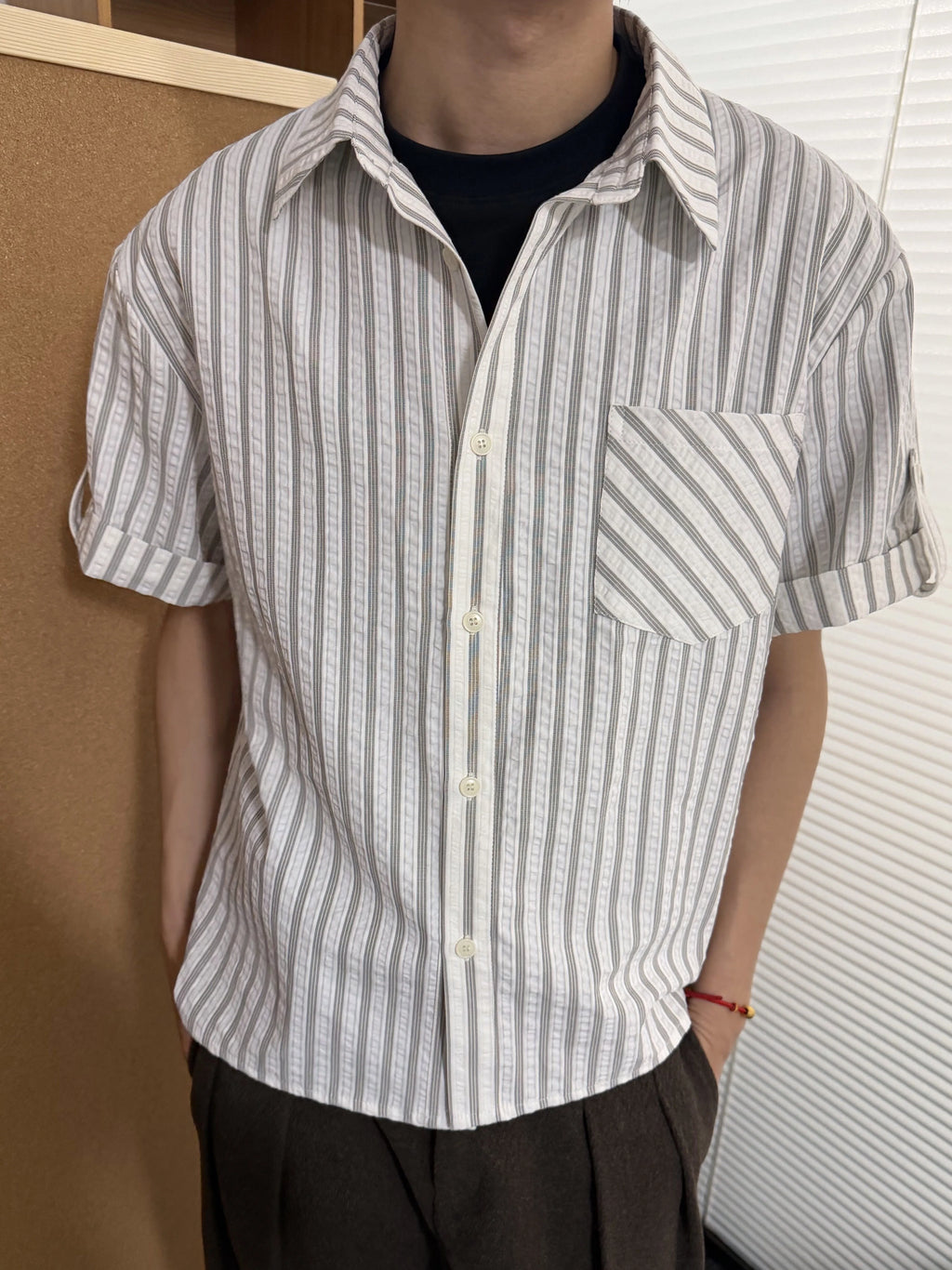 MANUSCRIPT Striped Seersucker Short-sleeved Shirt