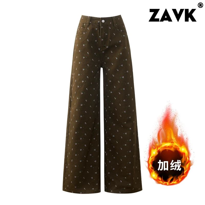 ZAVK Retro Floral Wide-leg Jeans