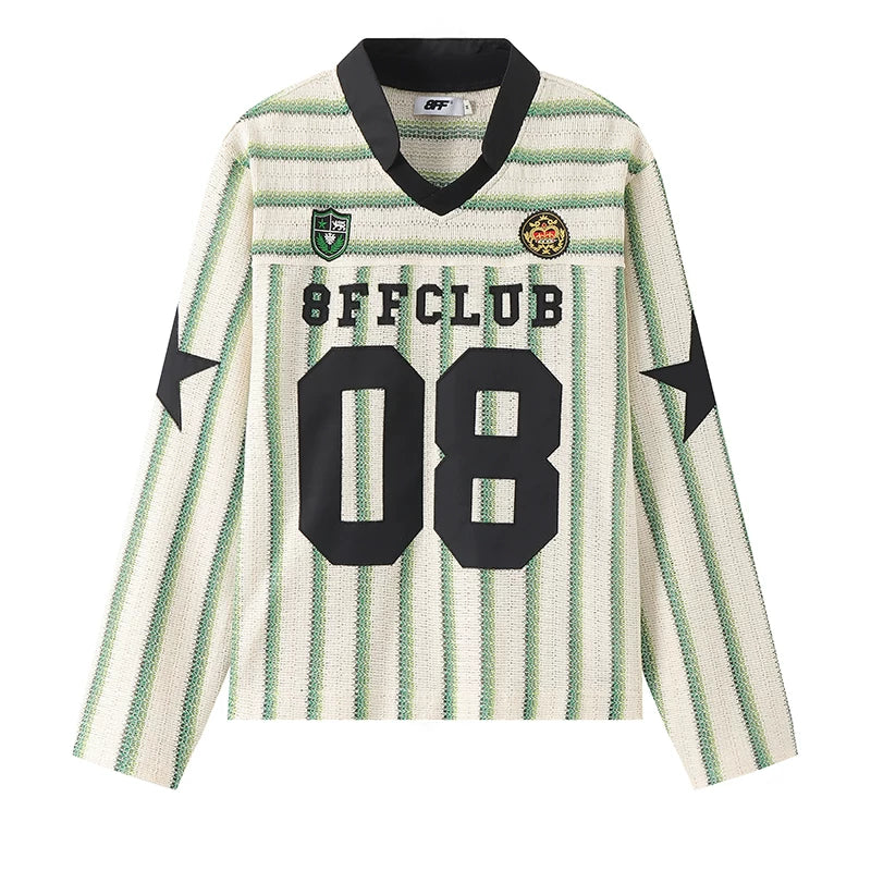 8FF Retro Embroidered Short Loose Casual Striped Long Sleeve