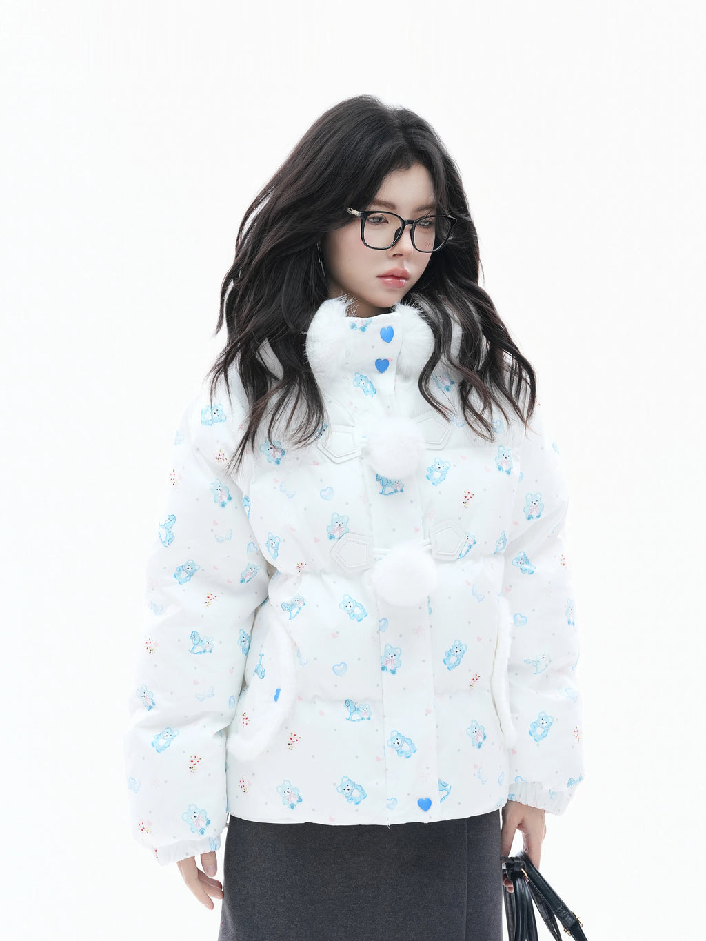 Zuocisankon Cartoon Bear Print Hooded Cotton-padded Coat