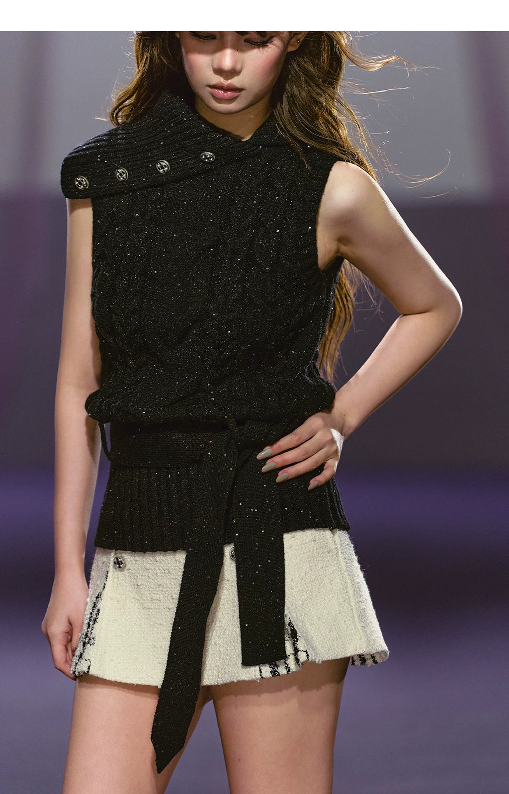 AGAM Vintage Lapel Plaid Sequin Fine Glitter Wool Vest