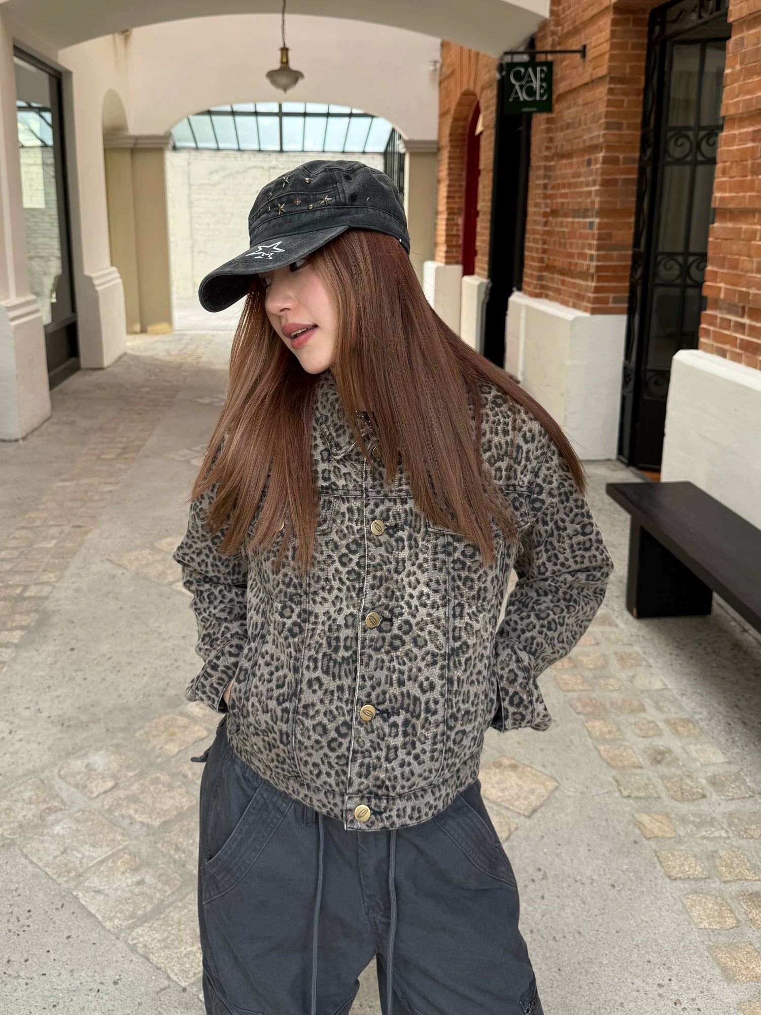 CCYE Retro Leopard Print Front Shoulder Denim Jacket