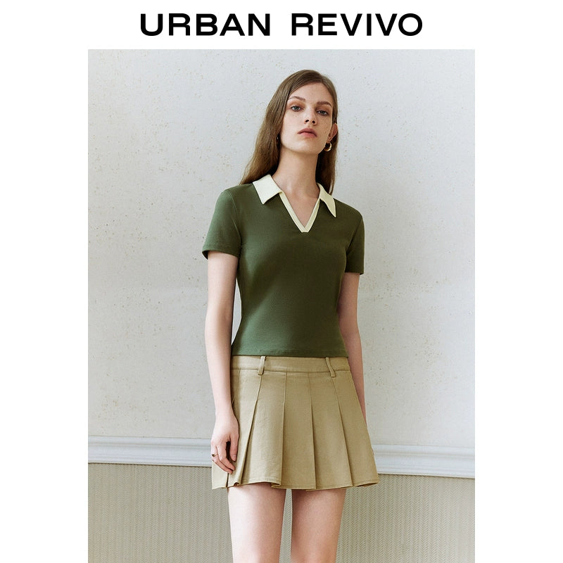 URBAN REVIVO Simple Contrasting Lapel Slim Tee