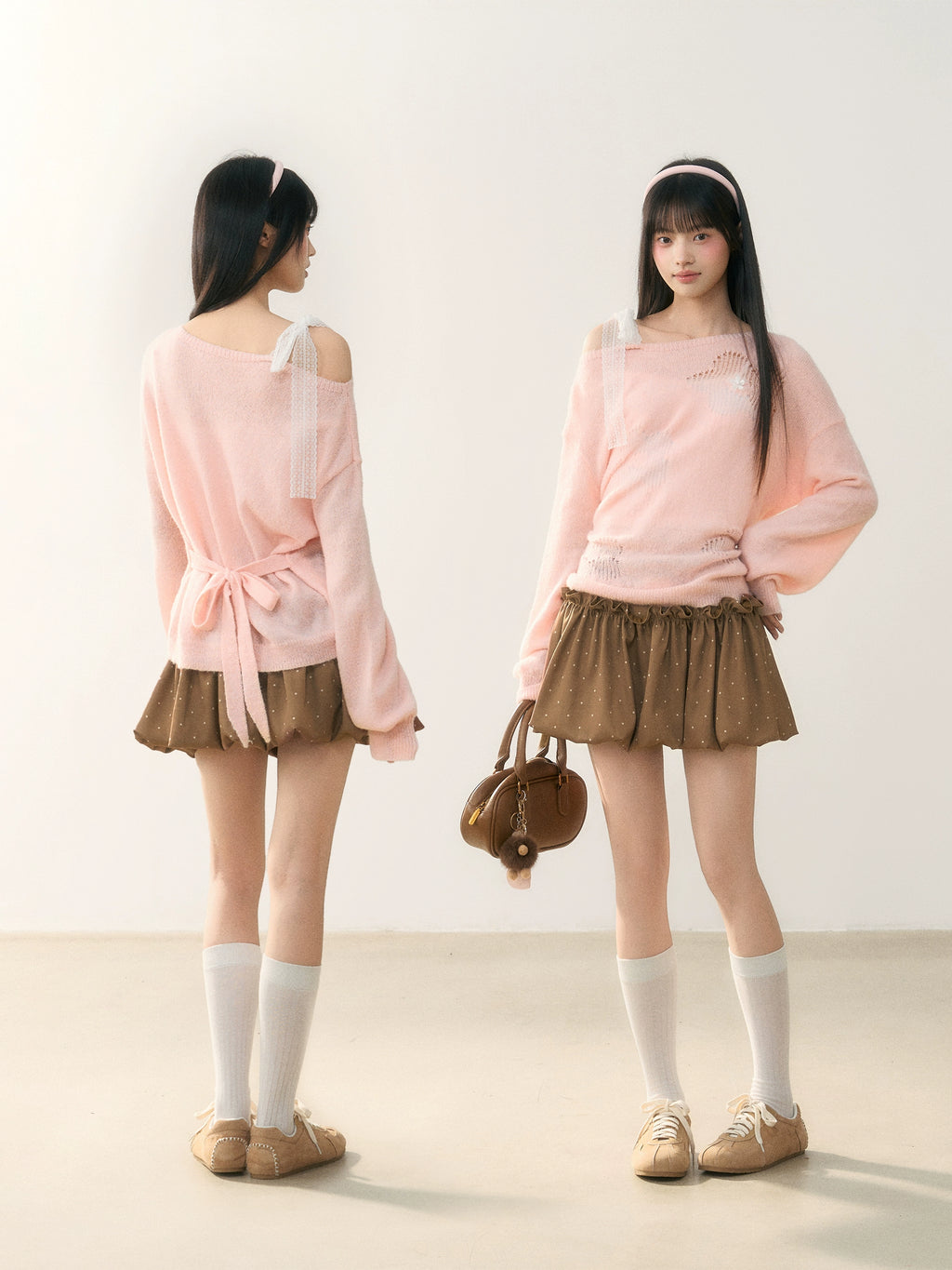 Umoumo Sweet Lace-up Knit Blouse