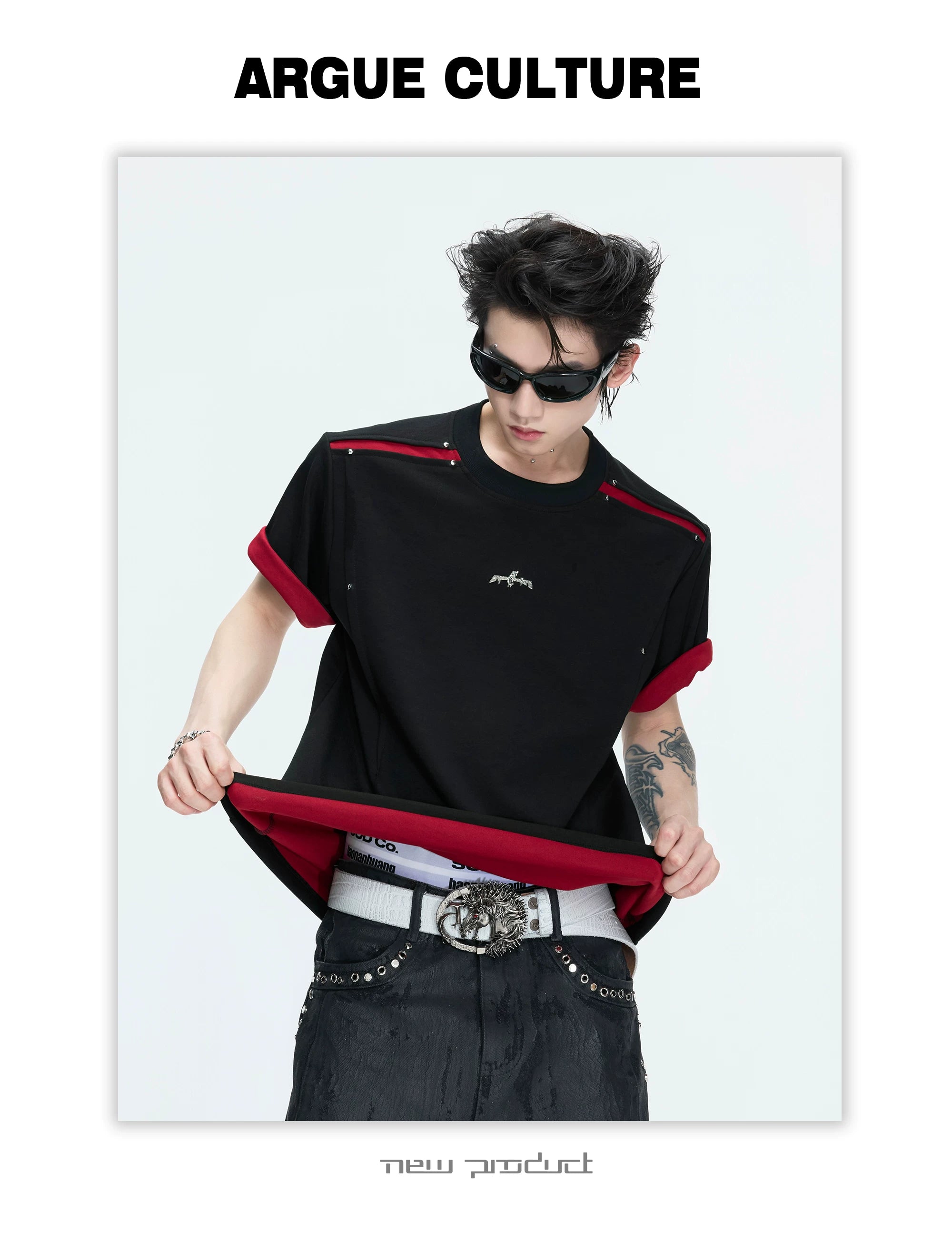 ArguECulturE Contrast Color Round Neck Front Shoulder Simple Tee
