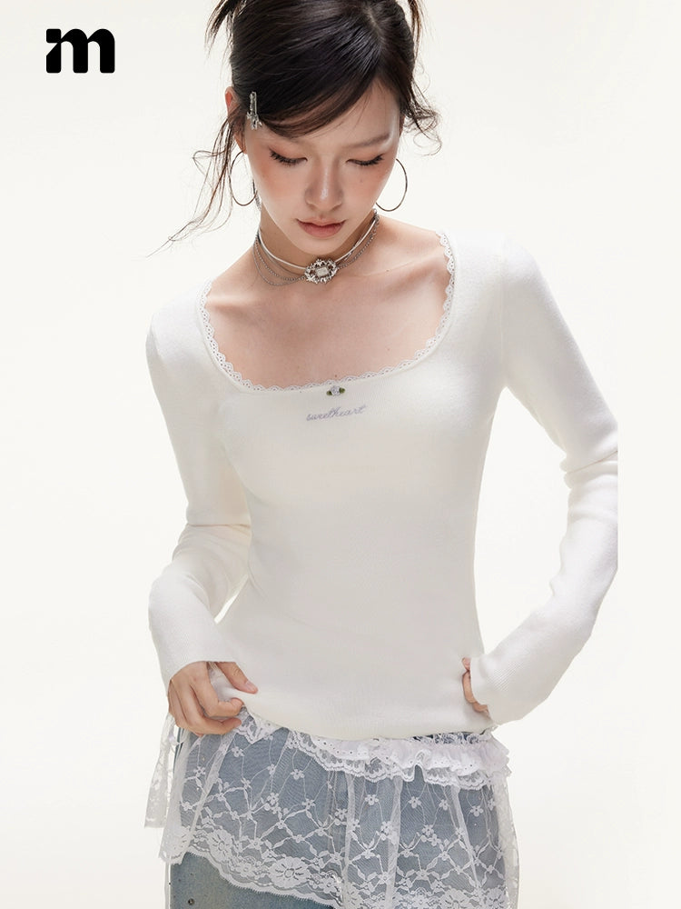 Imone Lace Contrasting Color Rose Generous Neck Knitted Sweater