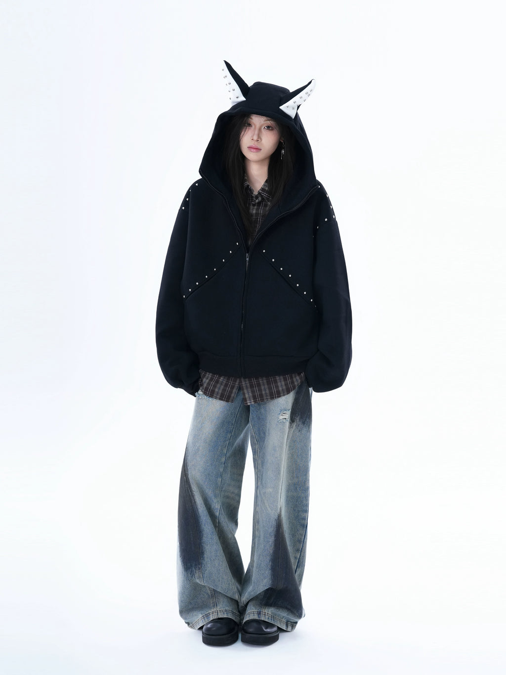 Zuocisankon Dog Ears Rivet Zip Cardigan Sweater