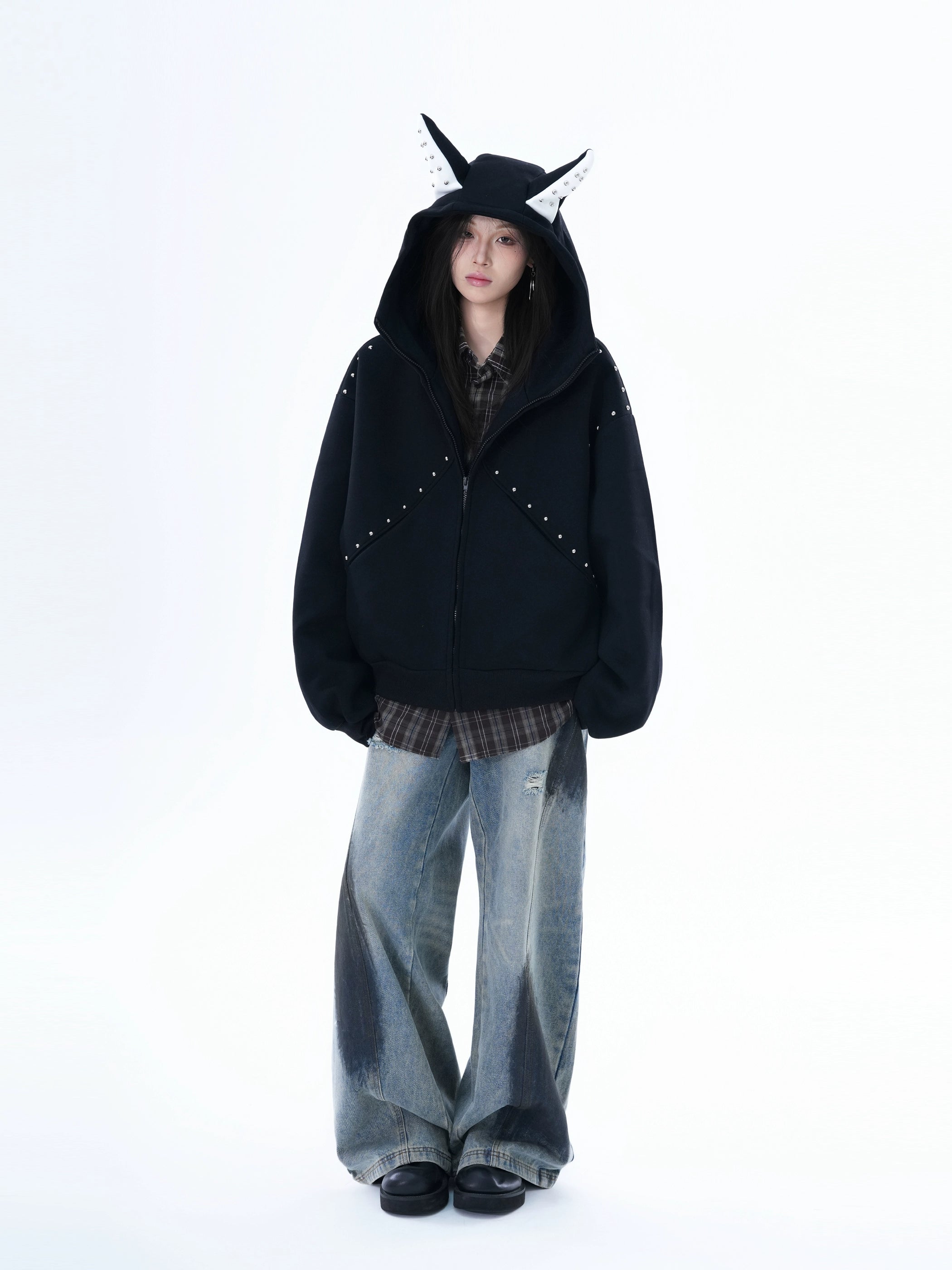 Zuocisankon Dog Ears Rivet Zip Cardigan Sweater