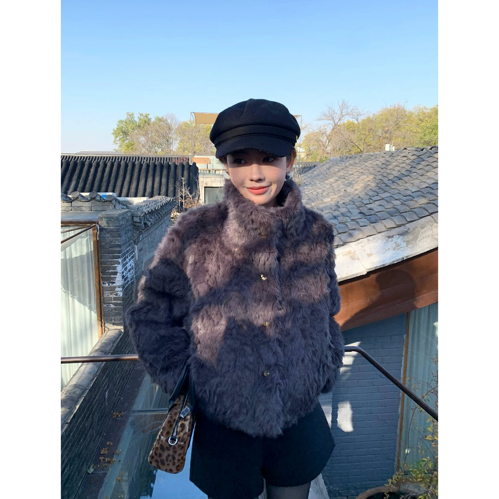 Pusumede Stand-up Collar Warm Short Fluffy Jacket