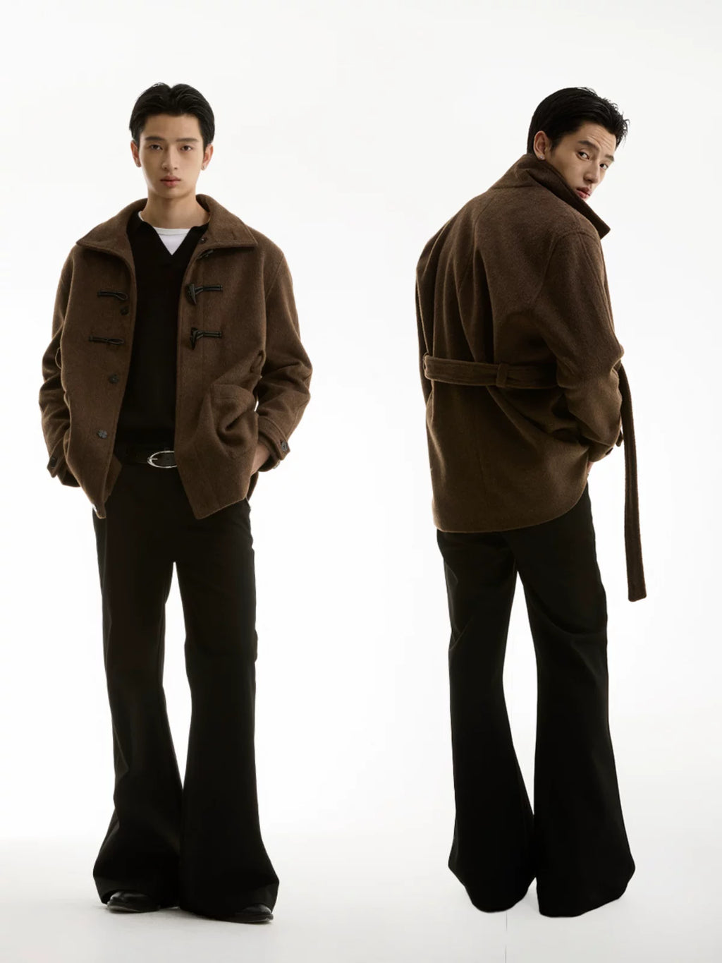 FUNKYFUN Horn Buckle Adjustable Belt Medium and Long Woolen Coat