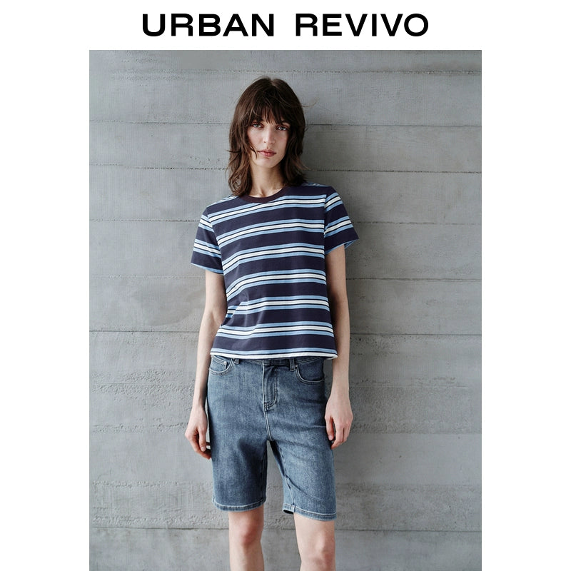 URBAN REVIVO Casual Contrasting Striped Crew Neck Tee