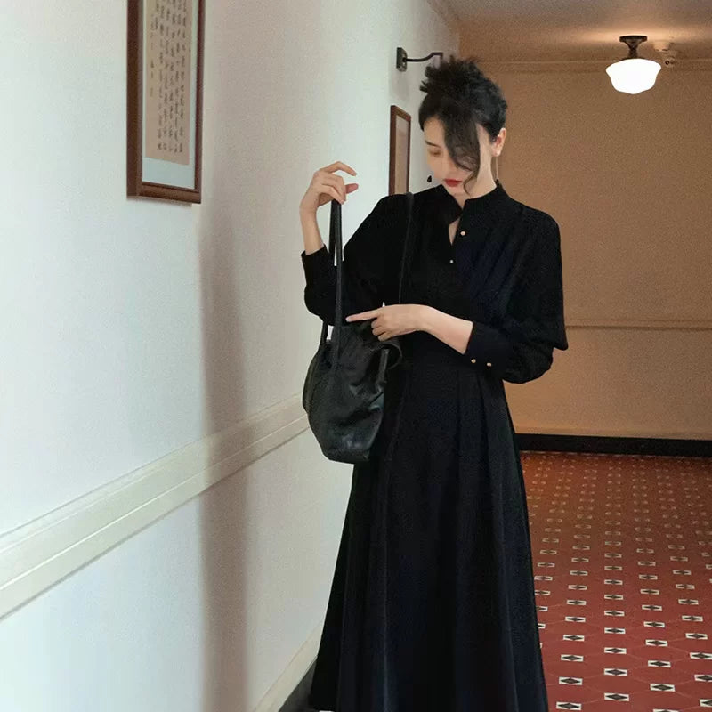 KELIFAN Retro Stand-up Neck Long-sleeved Dress
