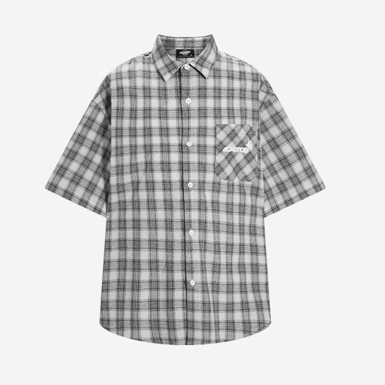 404MOB pure cotton black and white plaid short-sleeved shirt