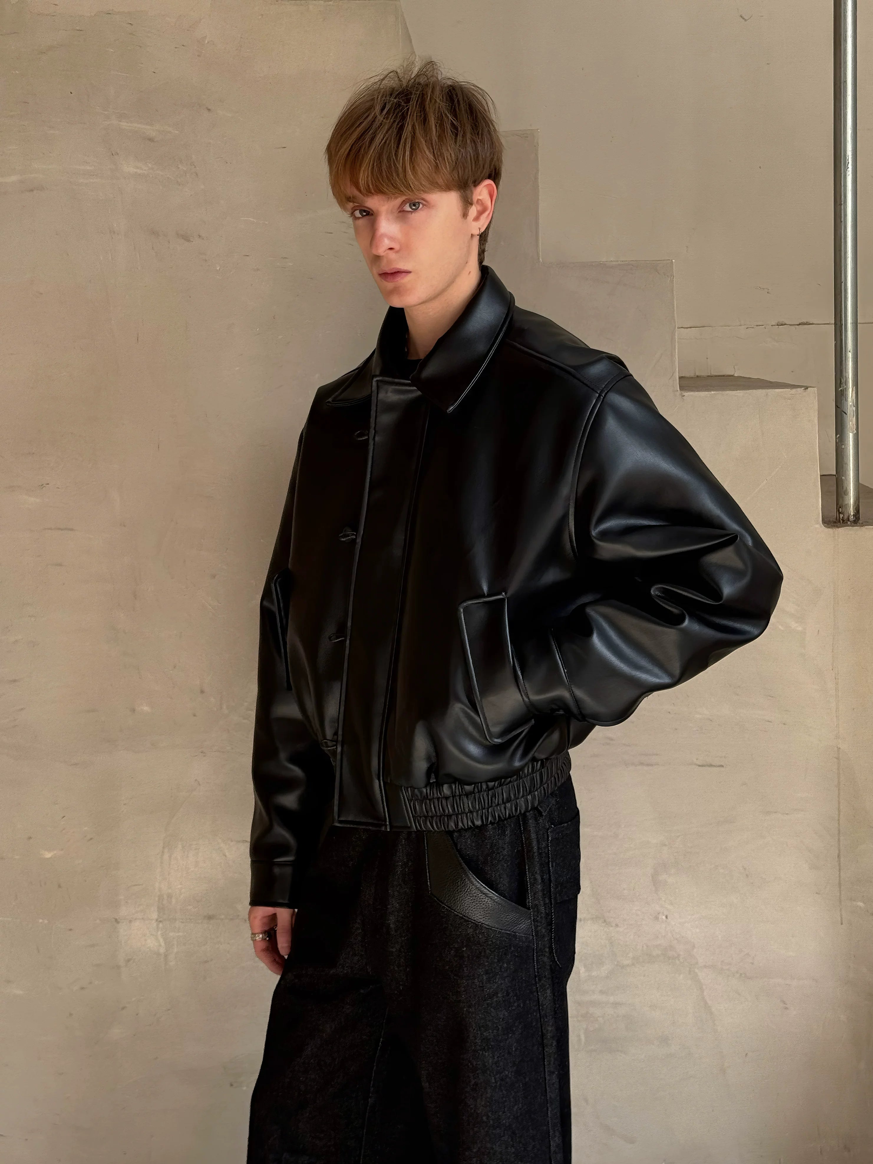 Esaias Vintage Leather Breasted Lapel Cropped Coat