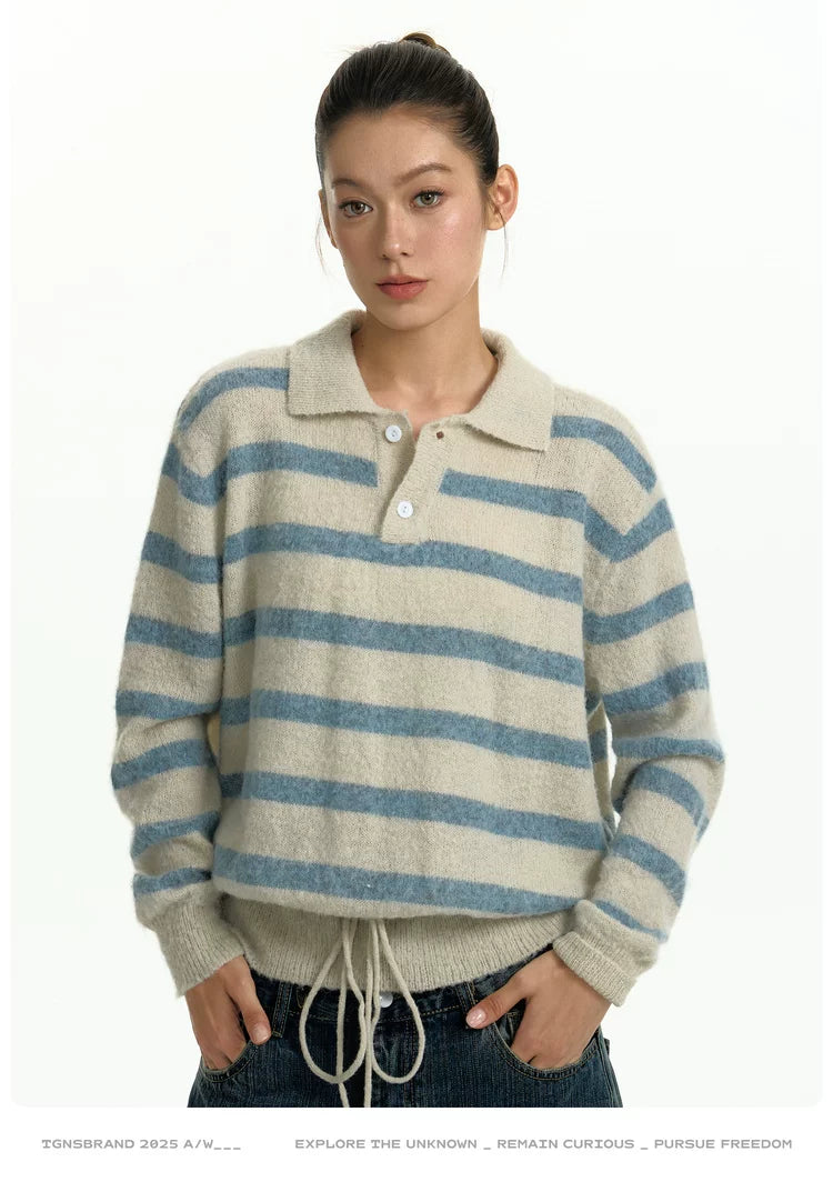 TGNS POLO Neck Drawstring Waist Striped Knitted Sweater