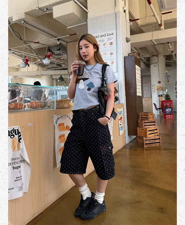 CCYE Retro Polka Dot Denim Cropped Shorts
