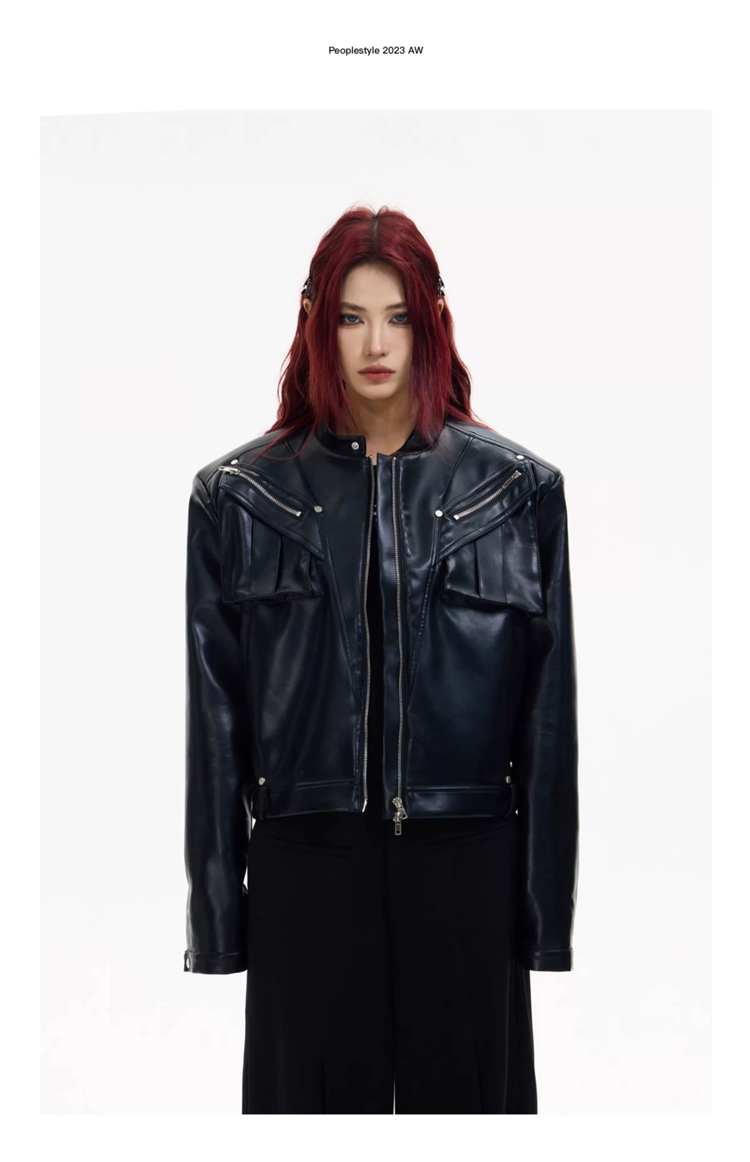 PEOPLESTYLE Metal Zipper Short Motorcycle Jacket Leather Jacket