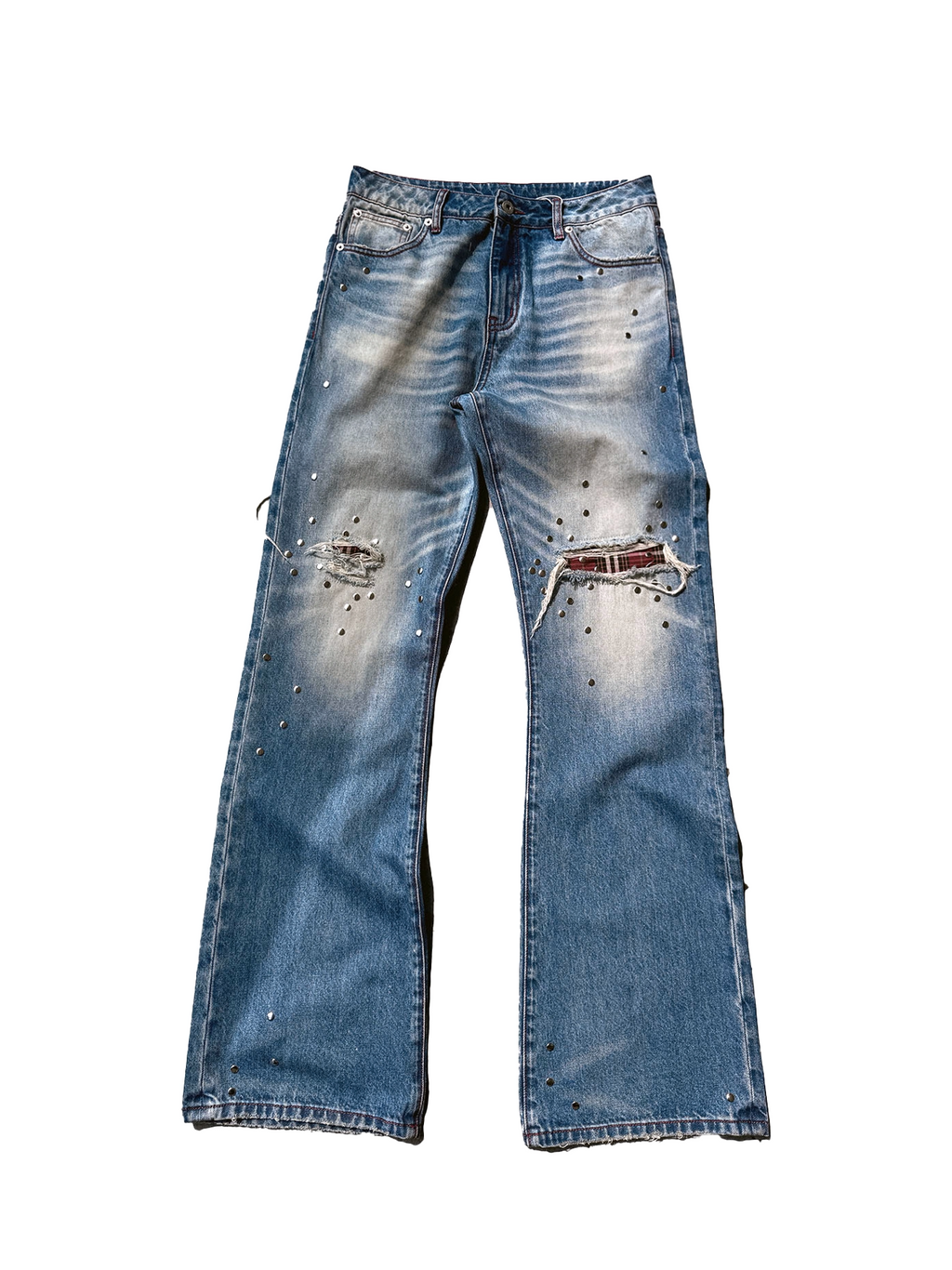 No E Mosen Plaid Rivet Pull Jeans
