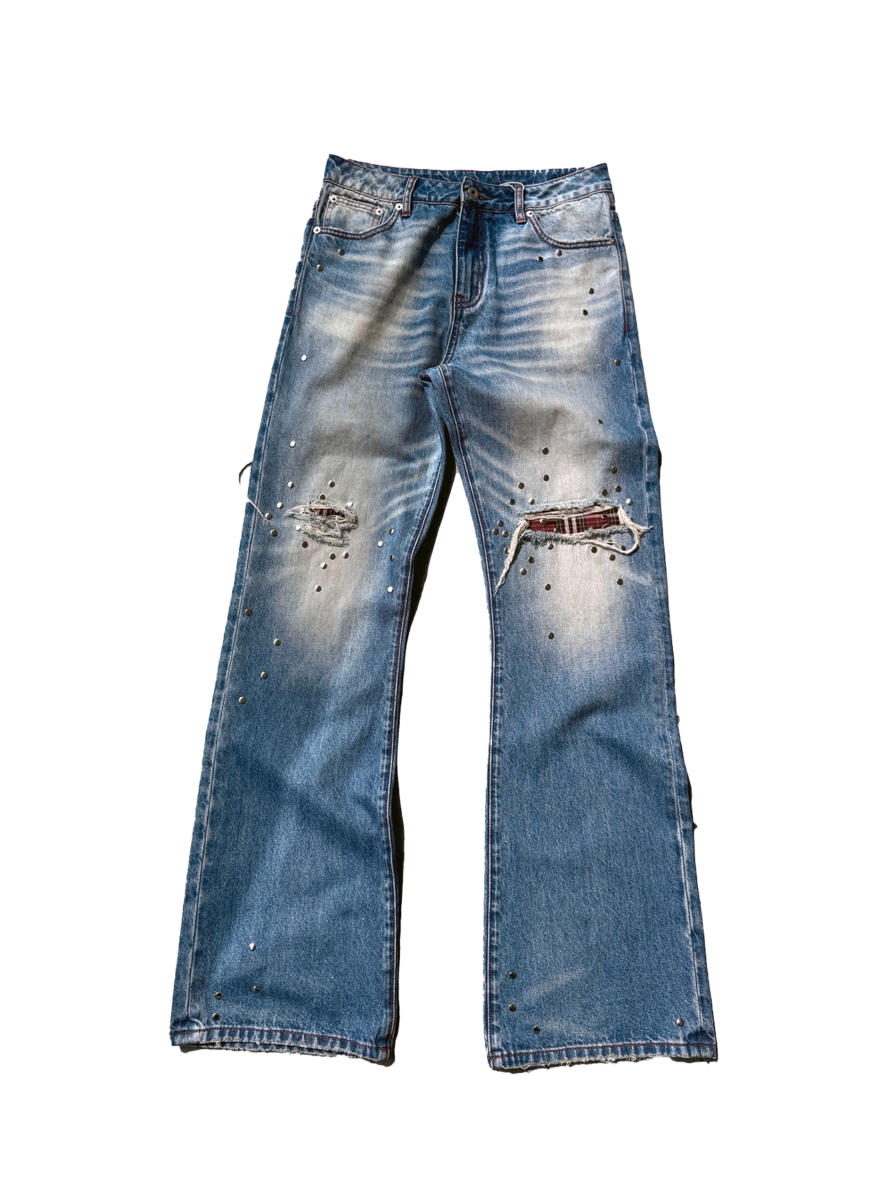 No E Mosen Plaid Rivet Pull Jeans