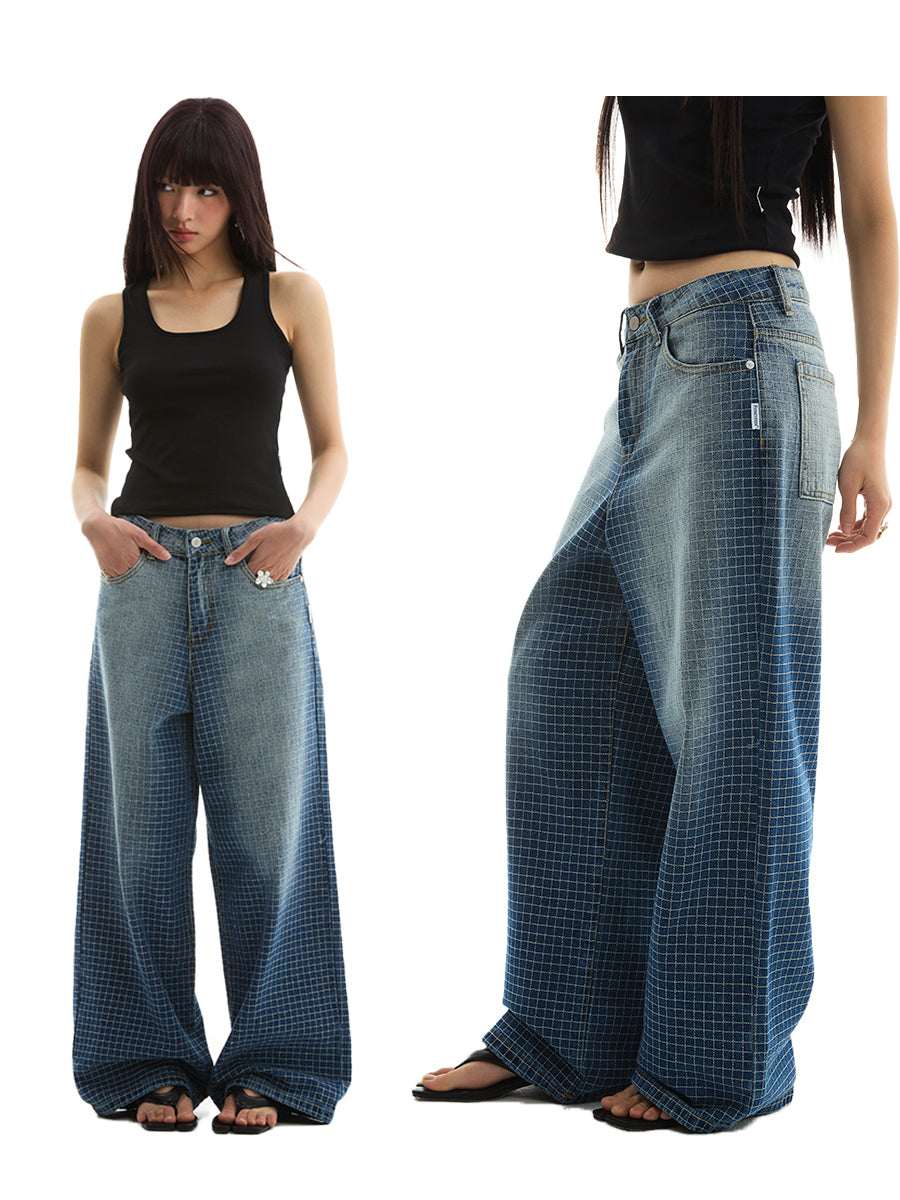 FUNKYFUN Embroidered Plaid Line Straight Jeans