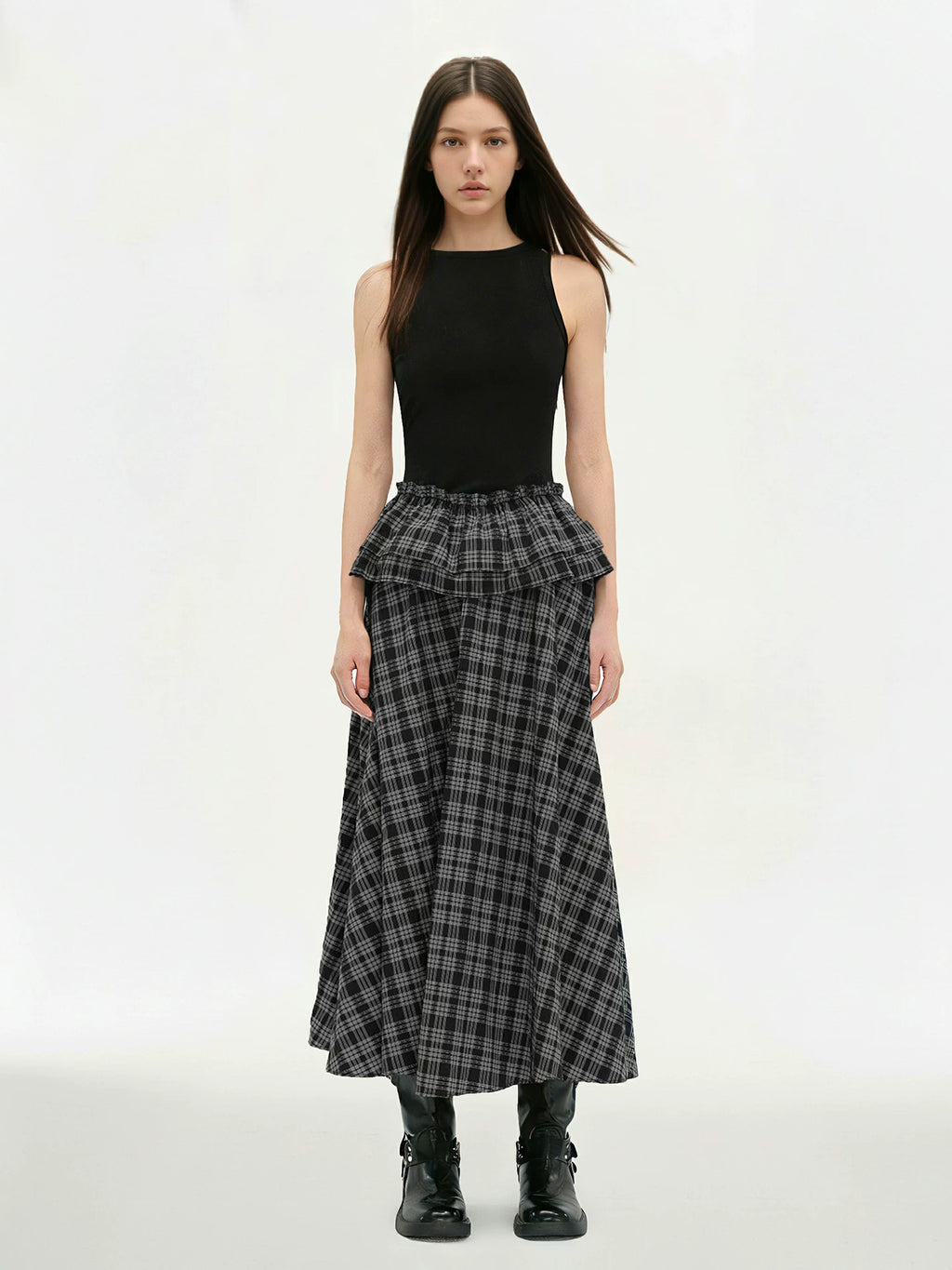 FUNOFF Plaid Stitching Simple Off-the-shoulder Slim-fitting Waist Dress